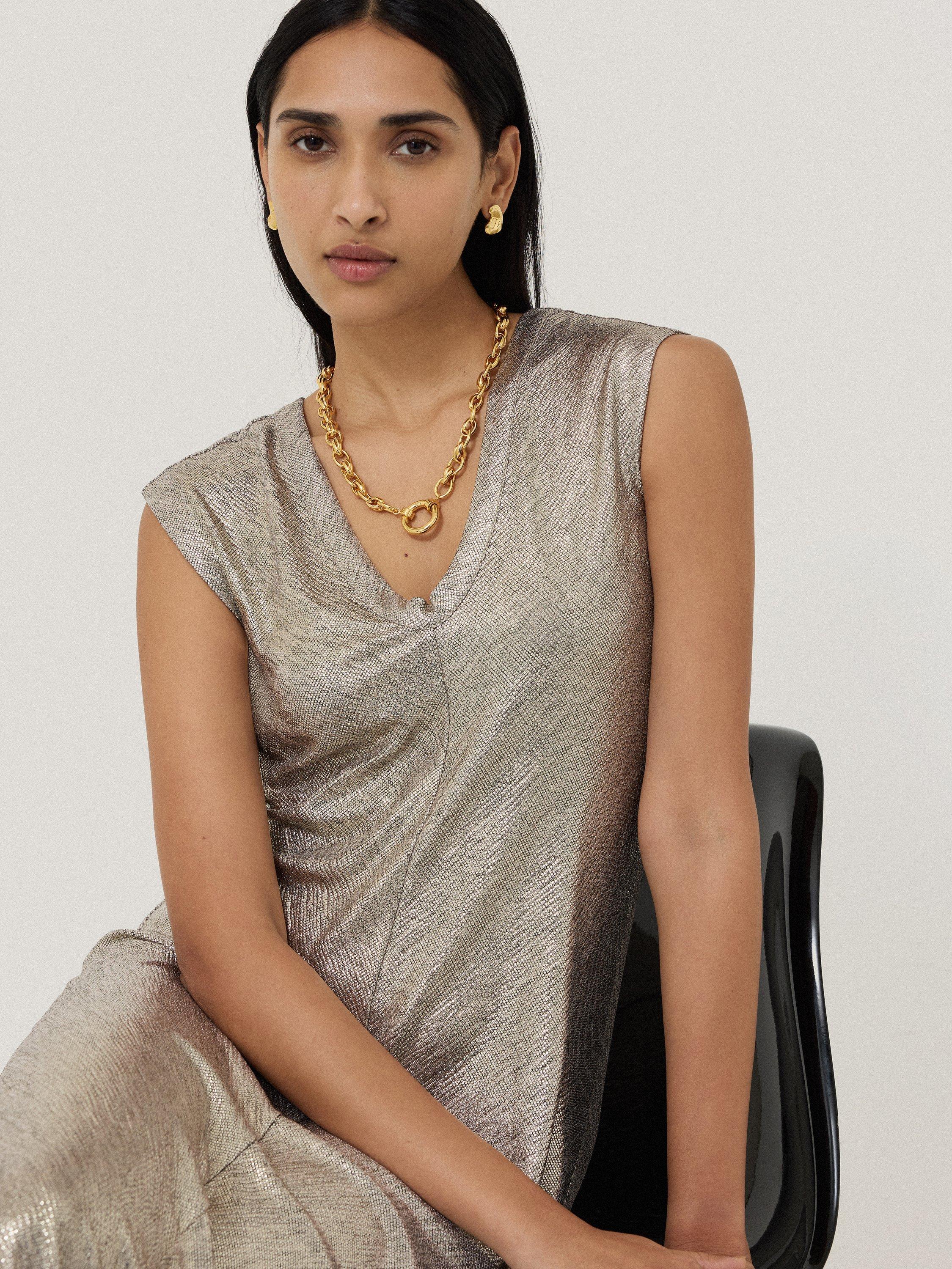 Product image 3 of 7, which shows Jigsaw Metallic Jersey Maxi Dress, Gold, XS