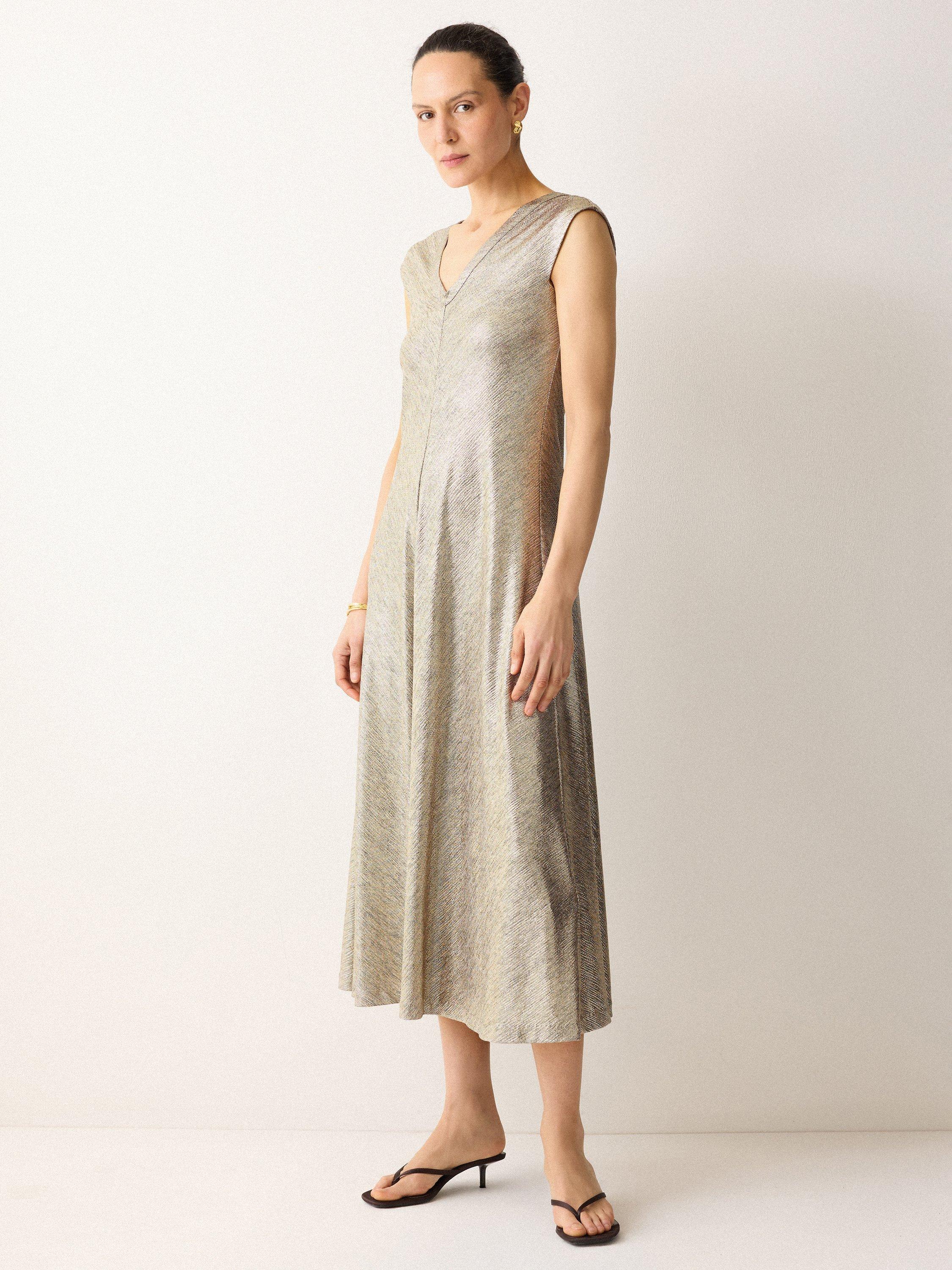 Product image 4 of 7, which shows Jigsaw Metallic Jersey Maxi Dress, Gold, XS
