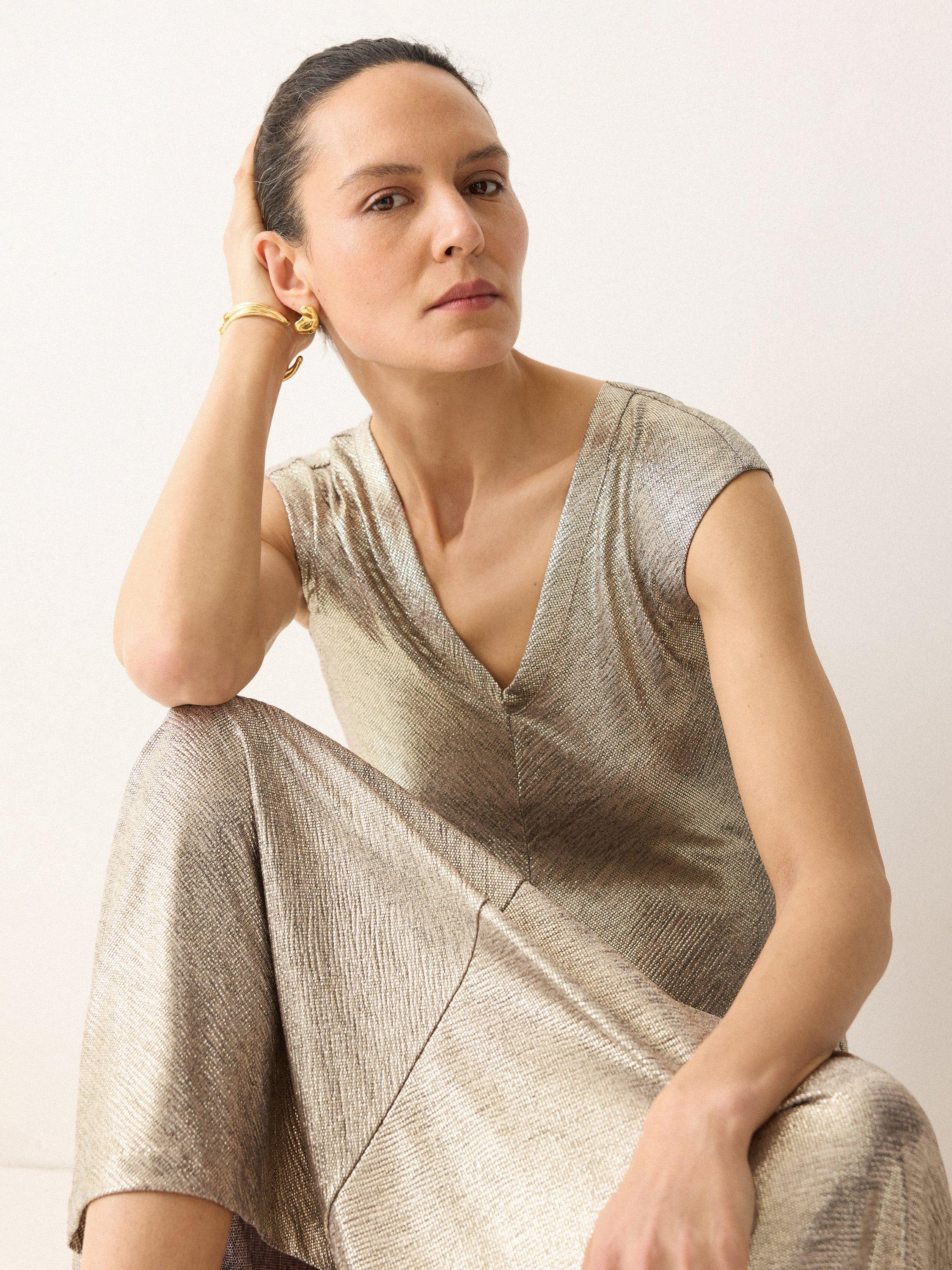 Product image 6 of 7, which shows Jigsaw Metallic Jersey Maxi Dress, Gold, XS