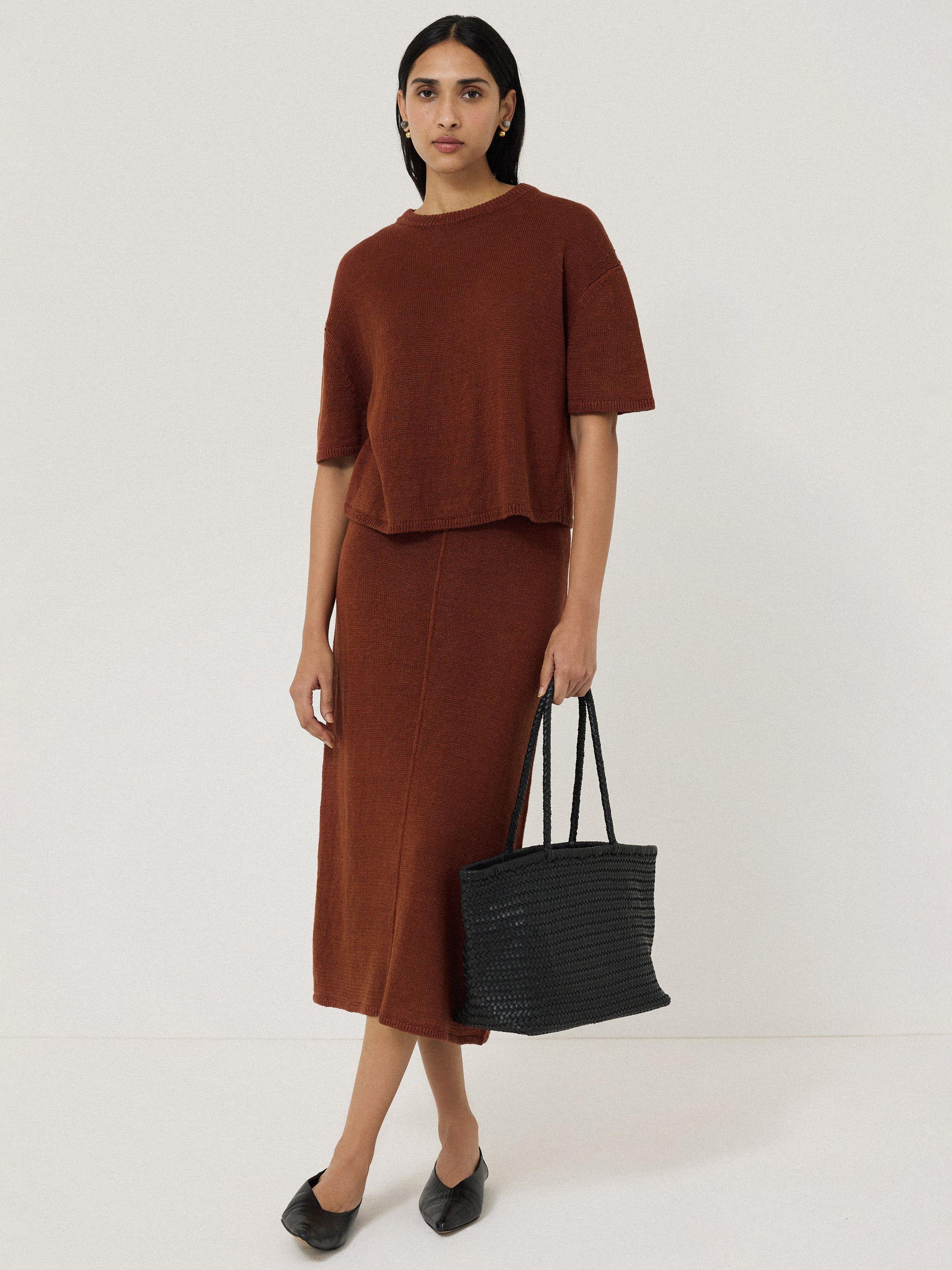 Product image 1 of 5, which shows Jigsaw Pure Linen Knitted Skirt, Brown, XS