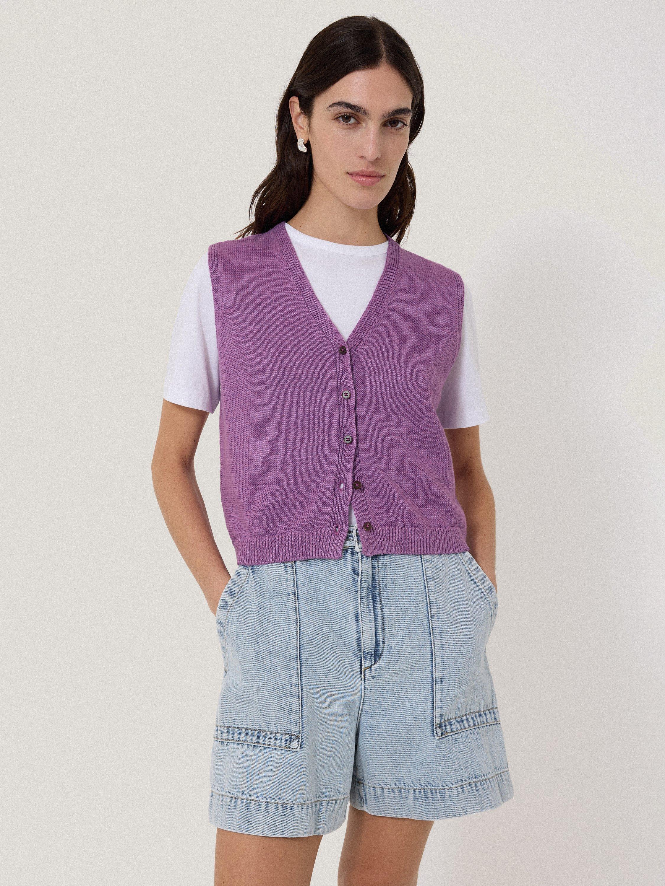 Product image 1 of 5, which shows Jigsaw Button Through Pure Linen Tank Top, Purple, XS