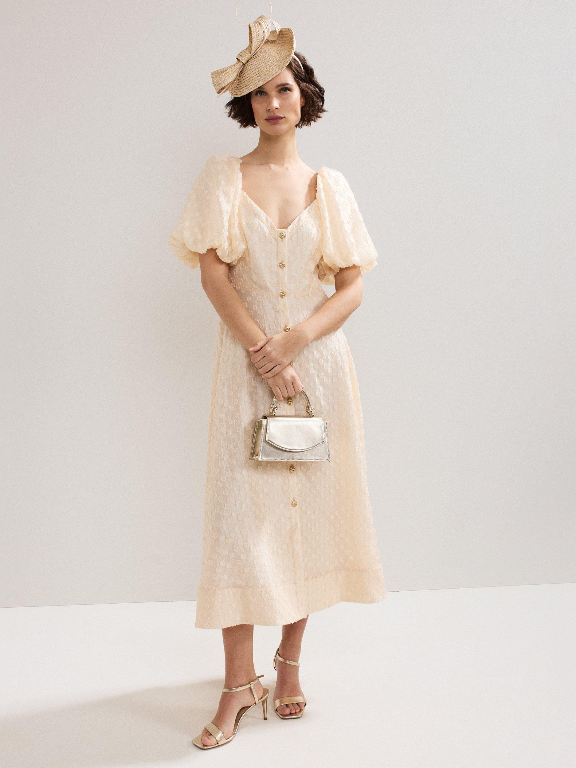 Product image 3 of 8, which shows Phase Eight Bonnie Textured Spot Midi Dress, Cream, 8