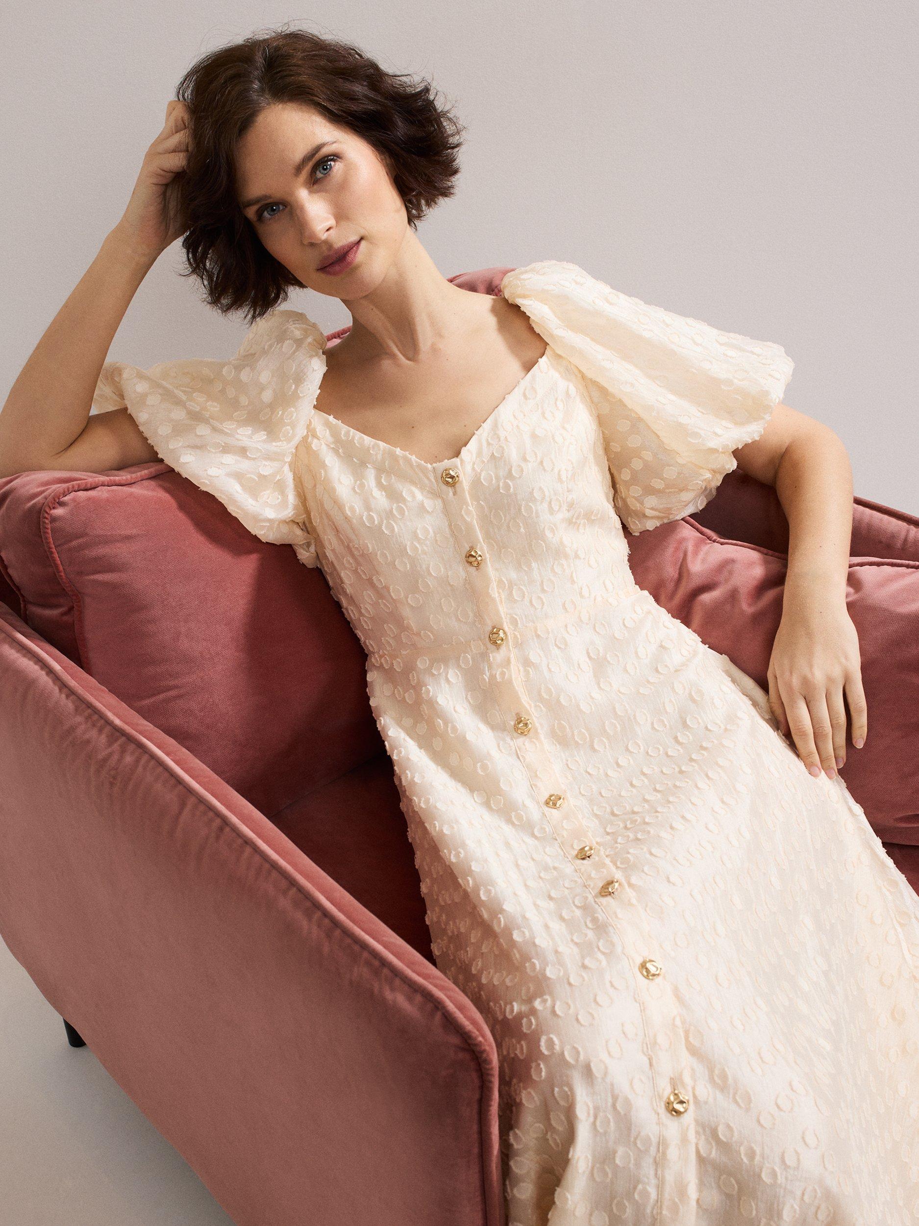 Phase Eight Bonnie Textured Spot Midi Dress, Cream