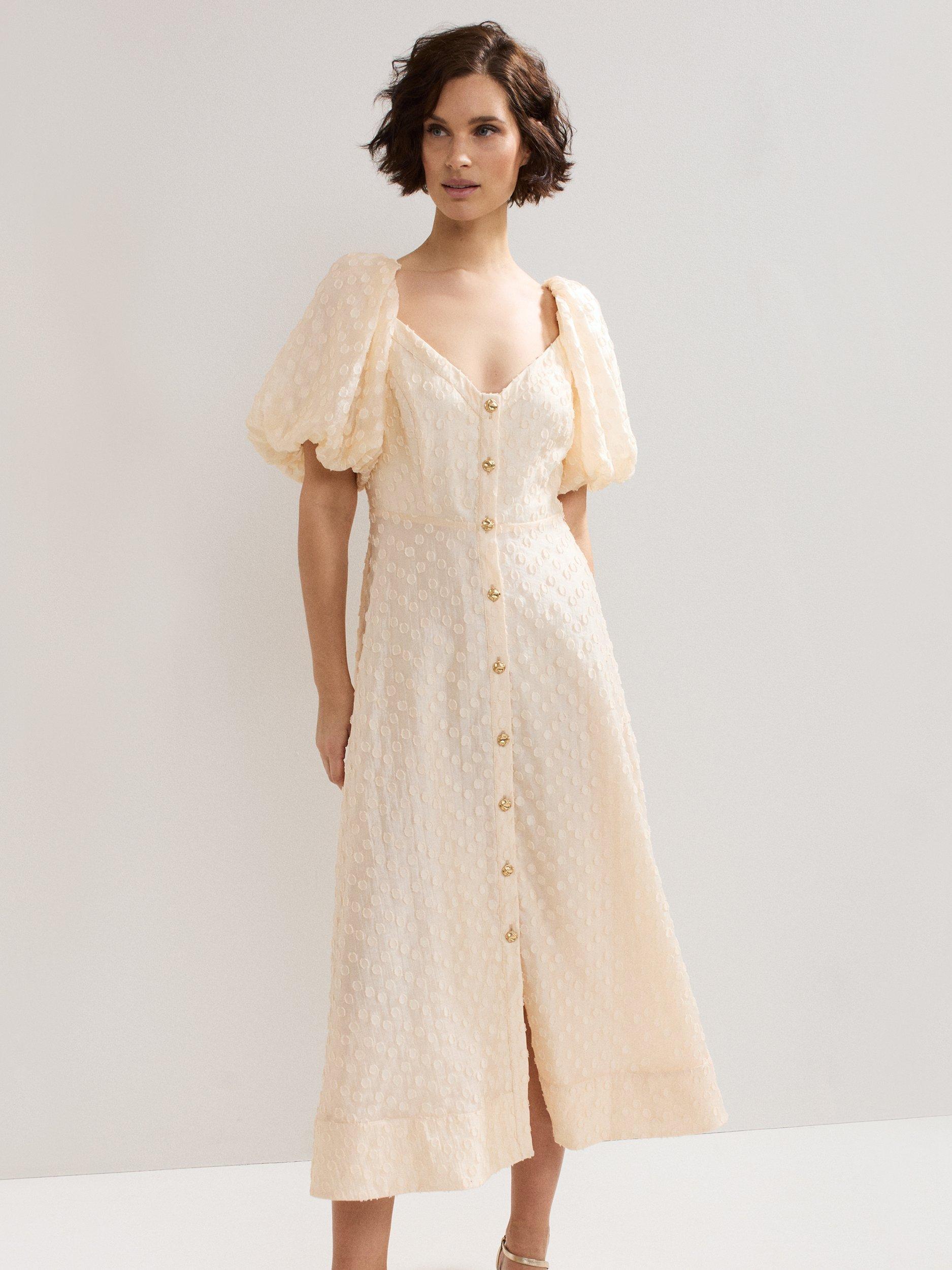 Product image 7 of 8, which shows Phase Eight Bonnie Textured Spot Midi Dress, Cream, 8