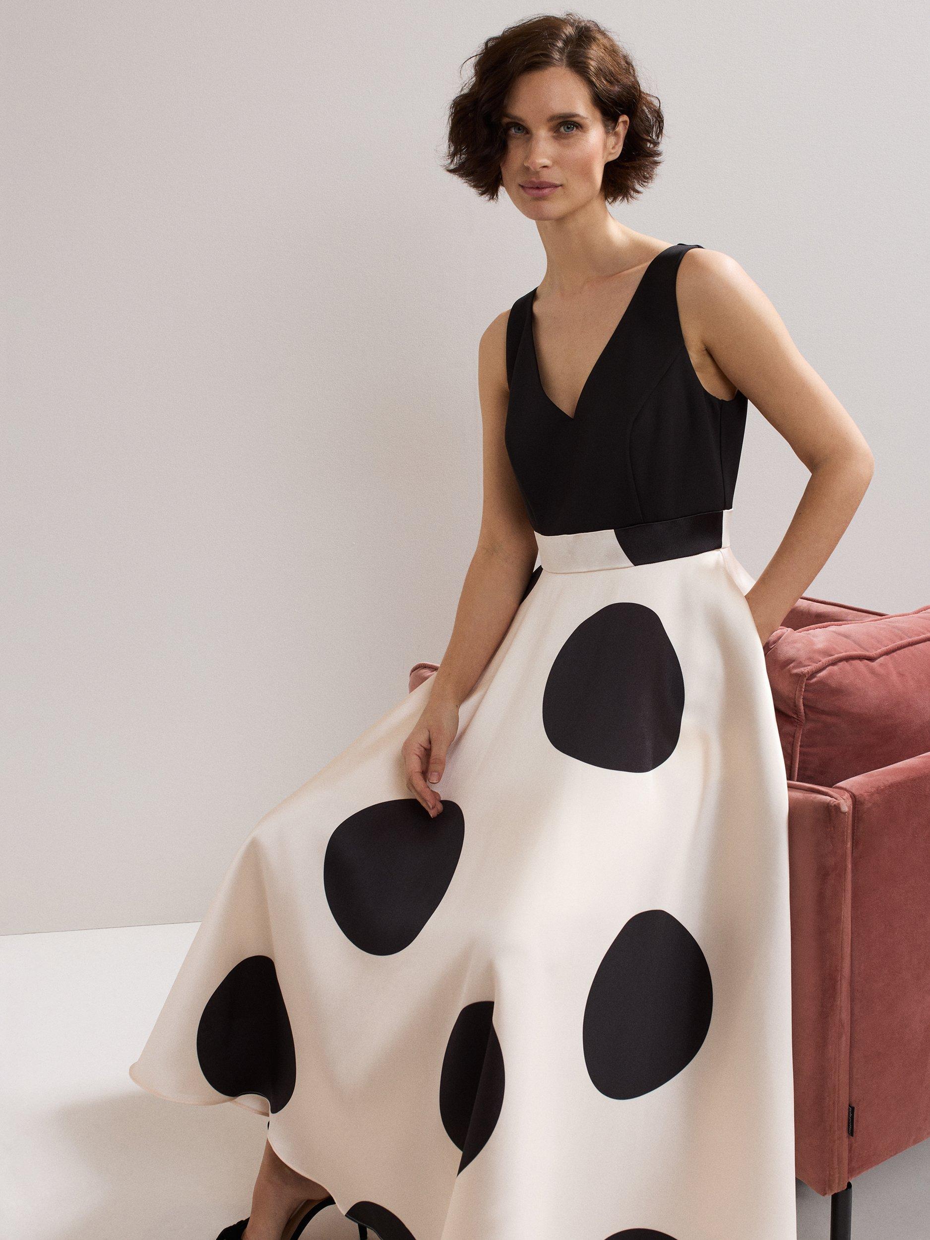 Product image 4 of 7, which shows Phase Eight Delie Spot Midi Dress, Black/Ivory, 10