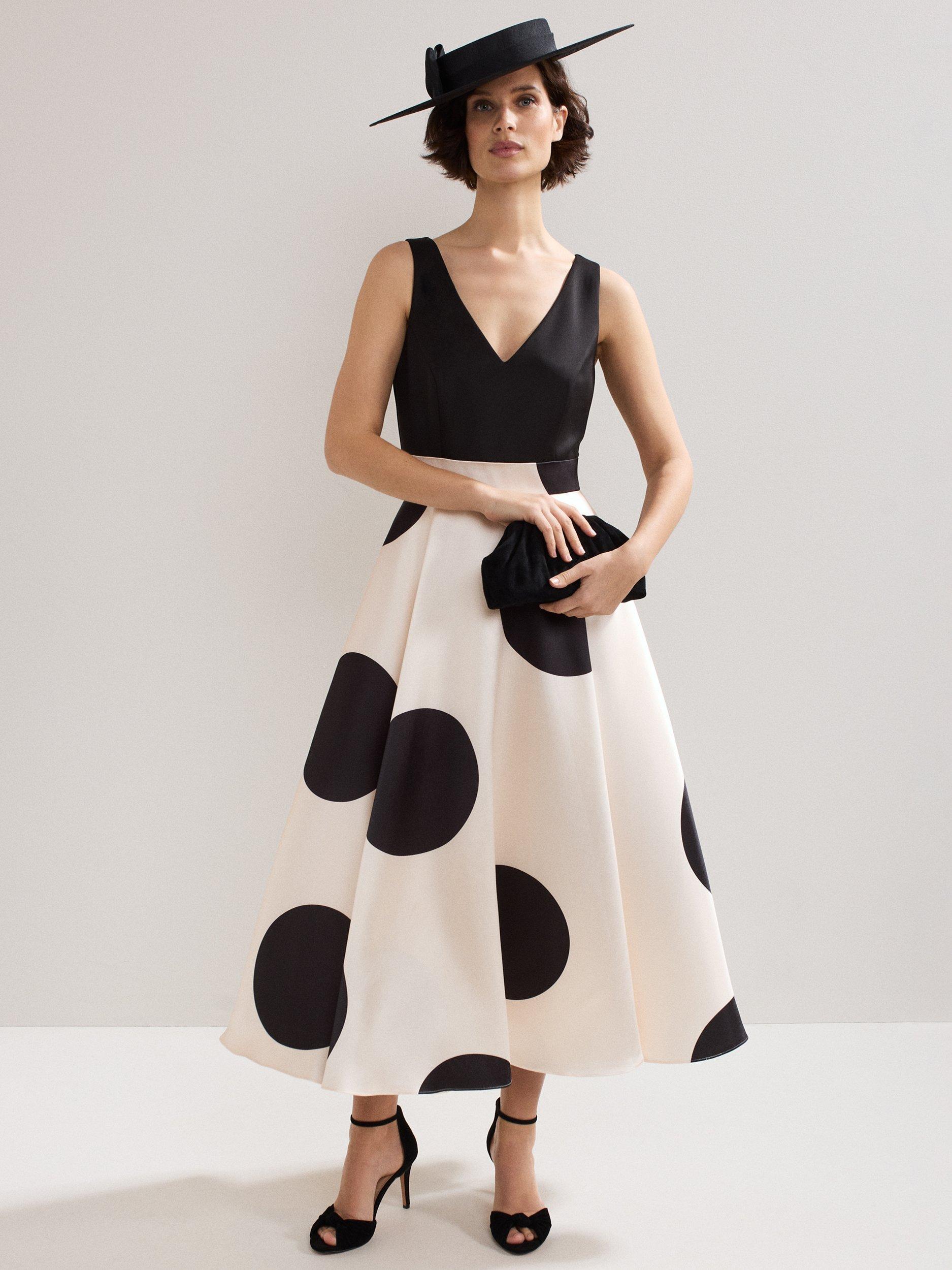 Product image 6 of 7, which shows Phase Eight Delie Spot Midi Dress, Black/Ivory, 10