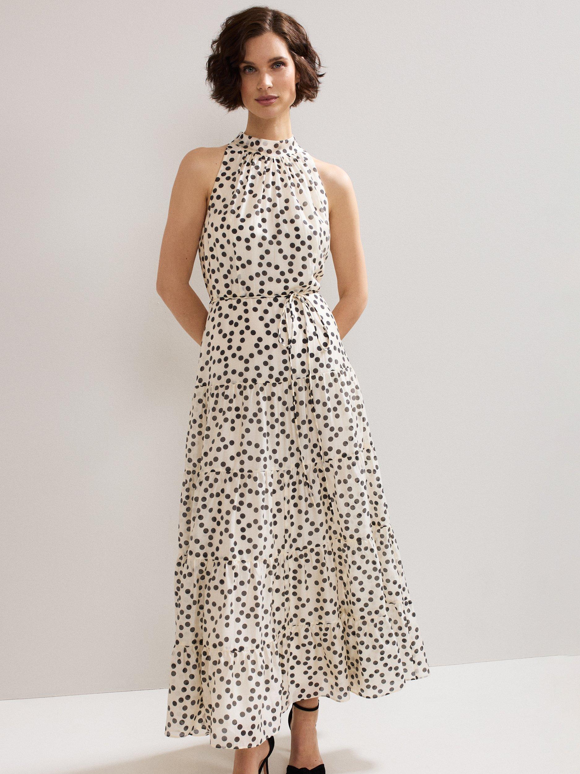 Product image 1 of 10, which shows Phase Eight Nita Polka Dot Maxi Dress, Ivory, 14