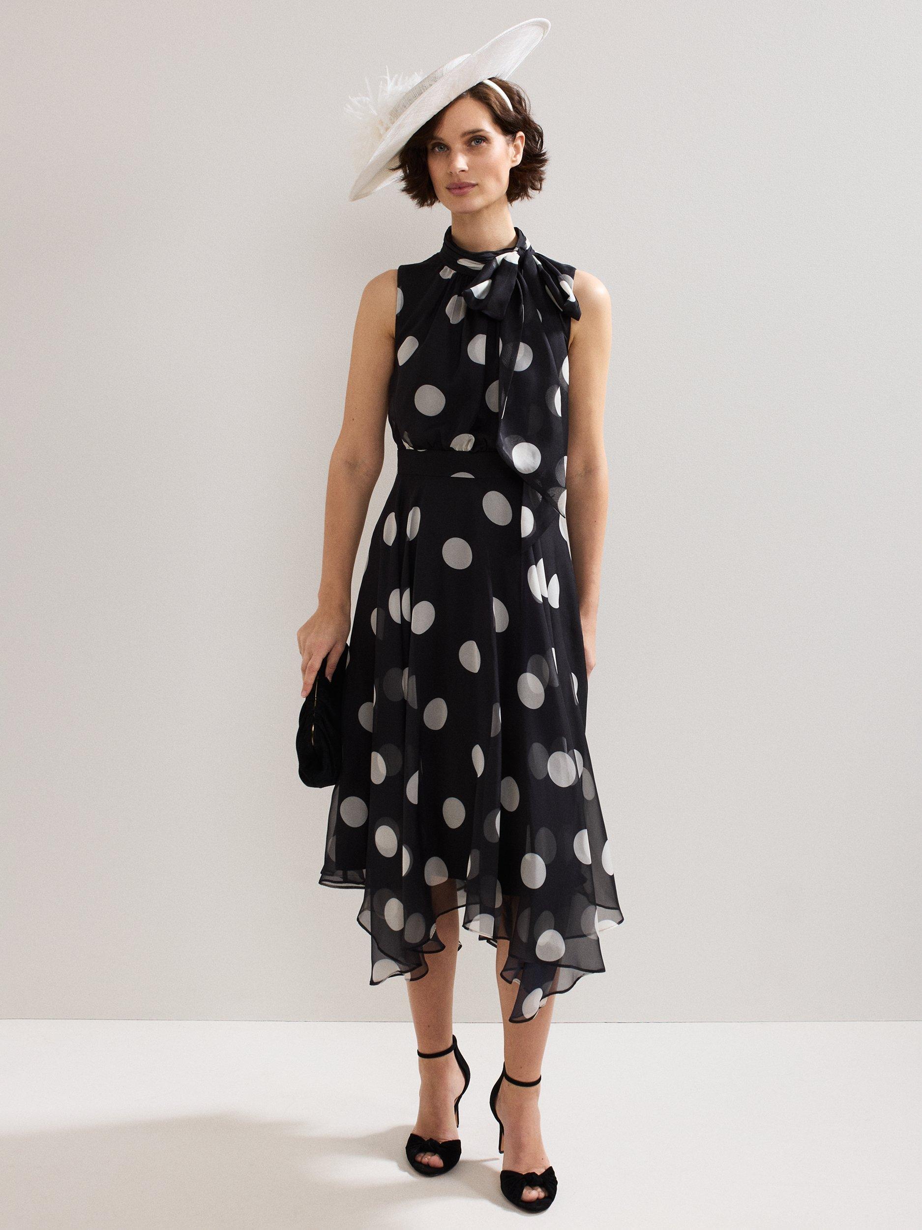 Product image 9 of 9, which shows Phase Eight Petite Lucinda Polka Dot Dress, Black/Multi, 12