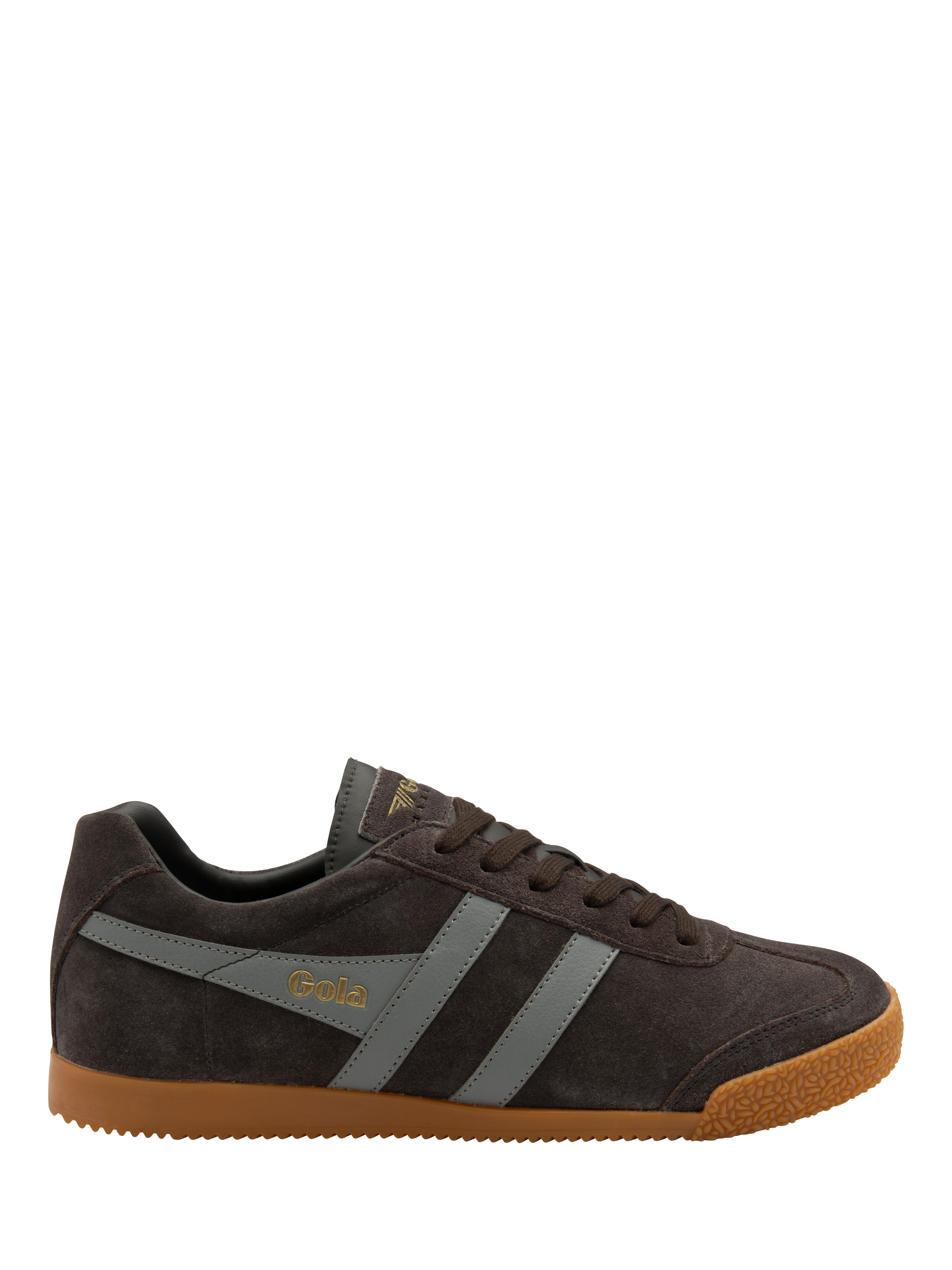 Product image 1 of 5, which shows Gola Harrier Suede Lace Up Trainers, Mocha Cement, 8
