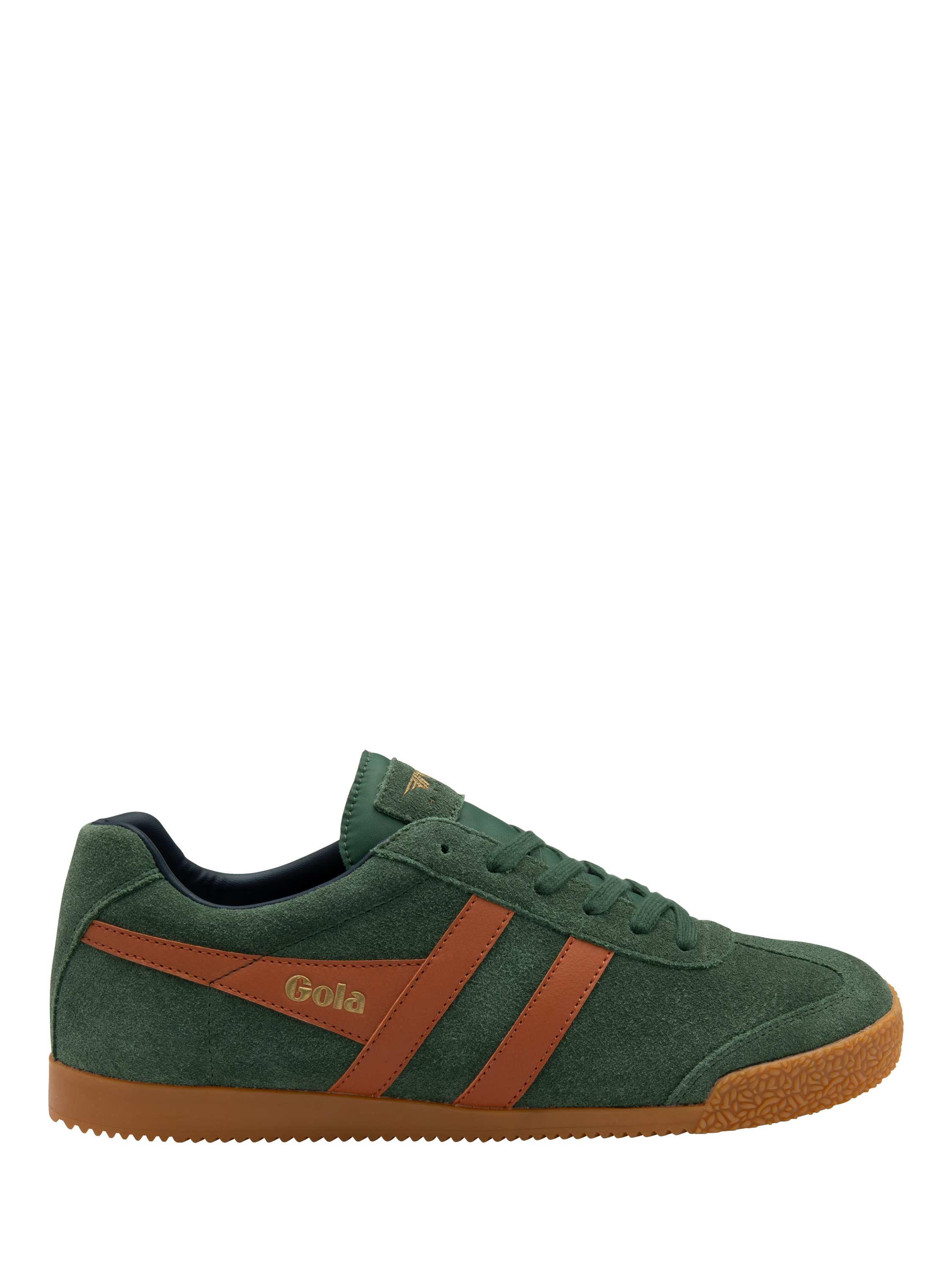Product image 1 of 5, which shows Gola Harrier Suede Lace Up Trainers, Evergreen, Orange, 7