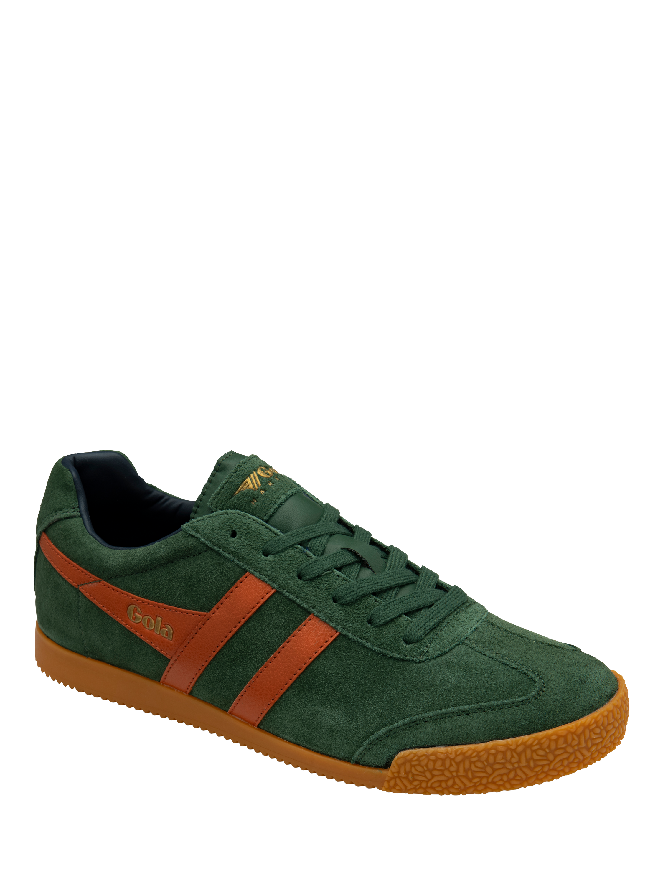 Product image 2 of 5, which shows Gola Harrier Suede Lace Up Trainers, Evergreen, Orange, 7
