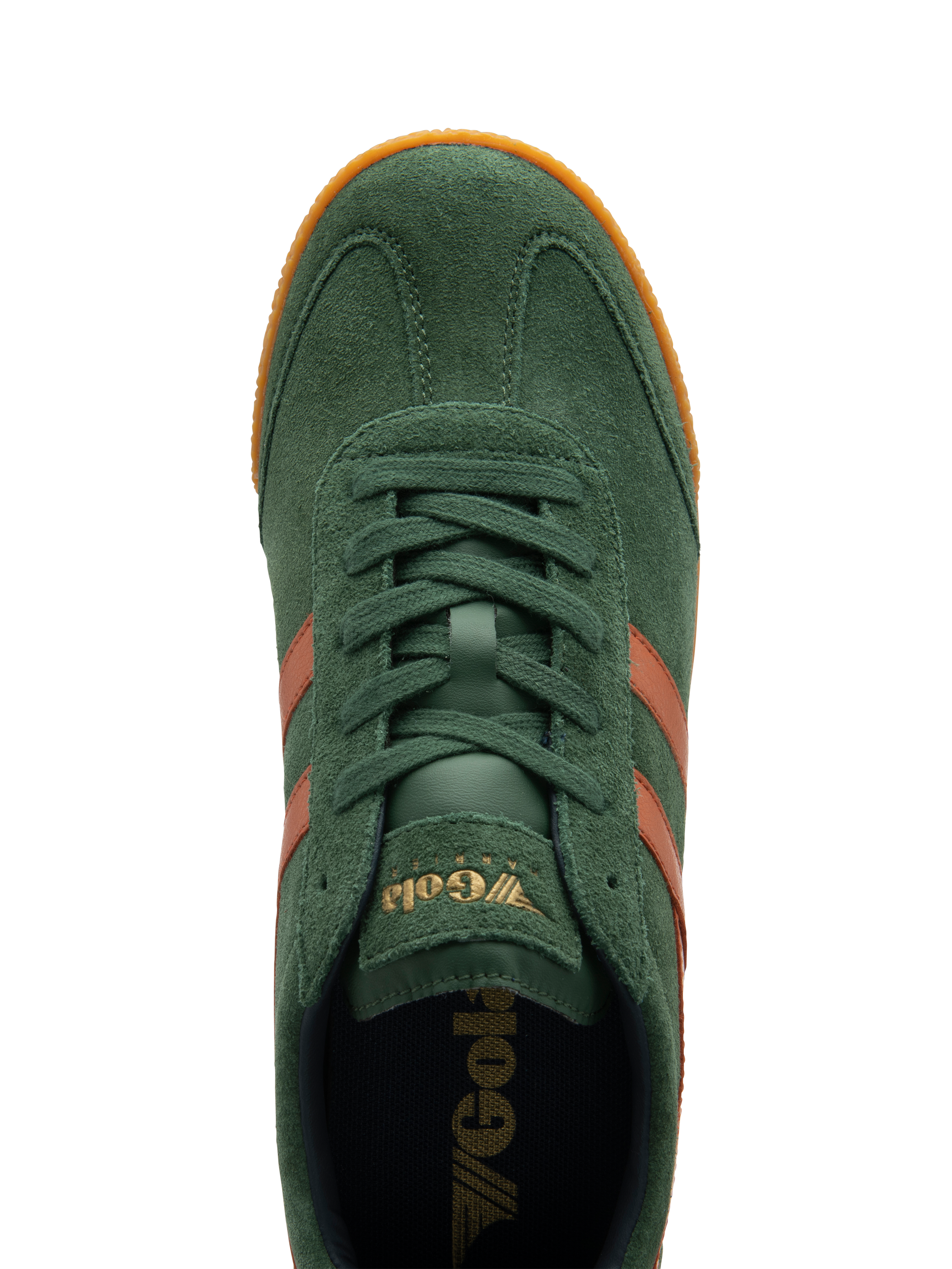 Product image 5 of 5, which shows Gola Harrier Suede Lace Up Trainers, Evergreen, Orange, 7