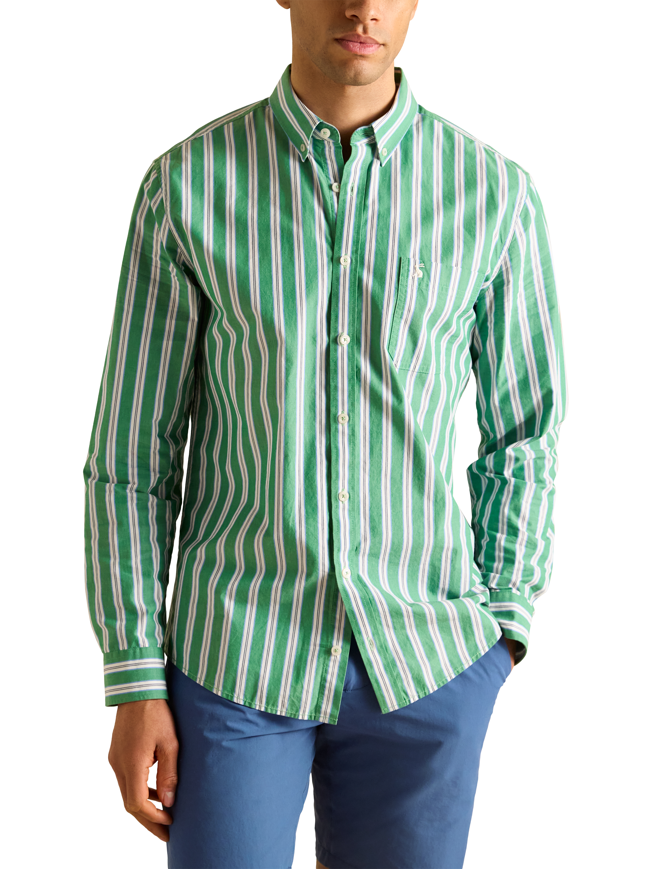 Joules Cotton Regular Fit Stripe Shirt, Green/Multi