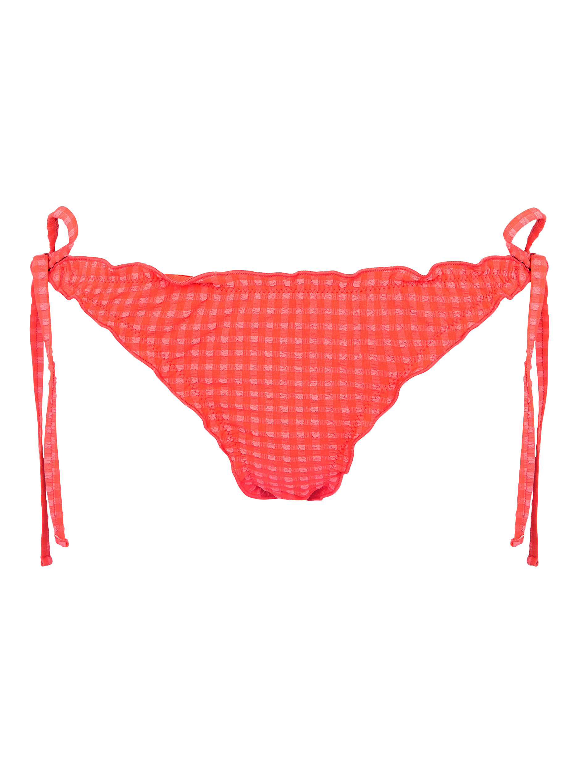 Product image 3 of 4, which shows Accessorize Frilly Seersucker Tie Side Bikini Bottoms, Coral, 6