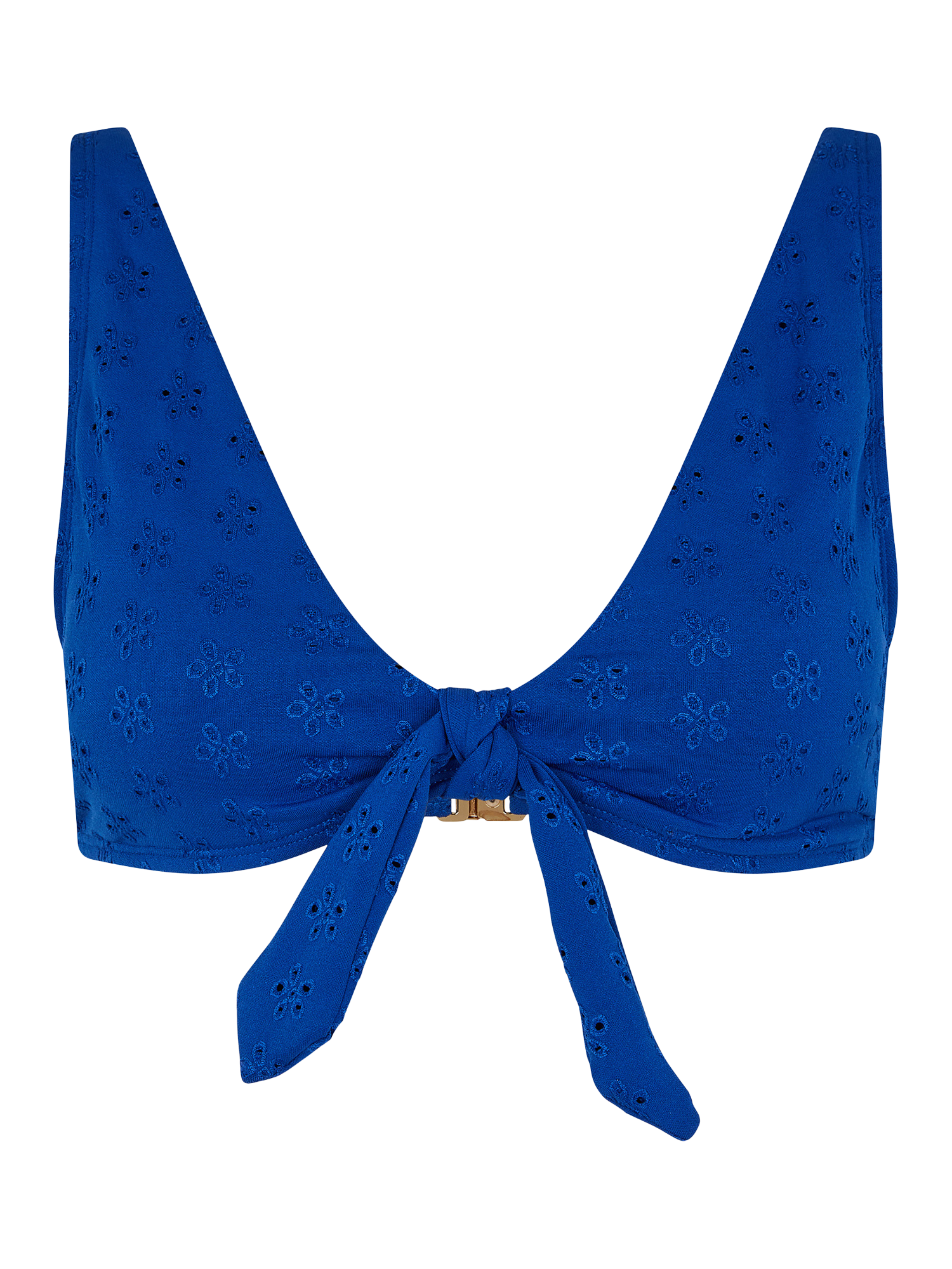 Product image 3 of 4, which shows Accessorize Floral Broderie Tie-Front Bikini Top, Blue, 6
