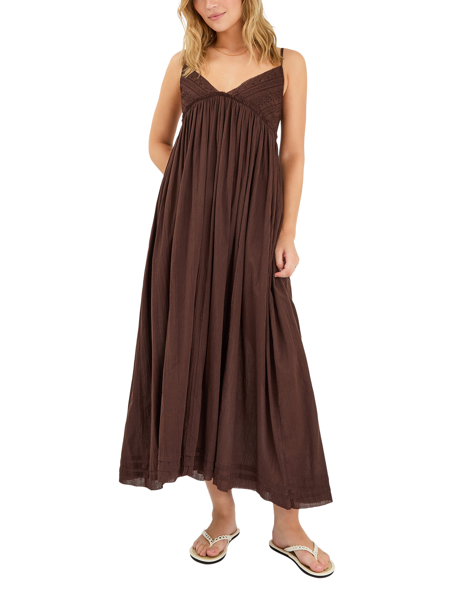 Product image 1 of 4, which shows Accessorize Schiffli Top Maxi Dress, Brown, XS