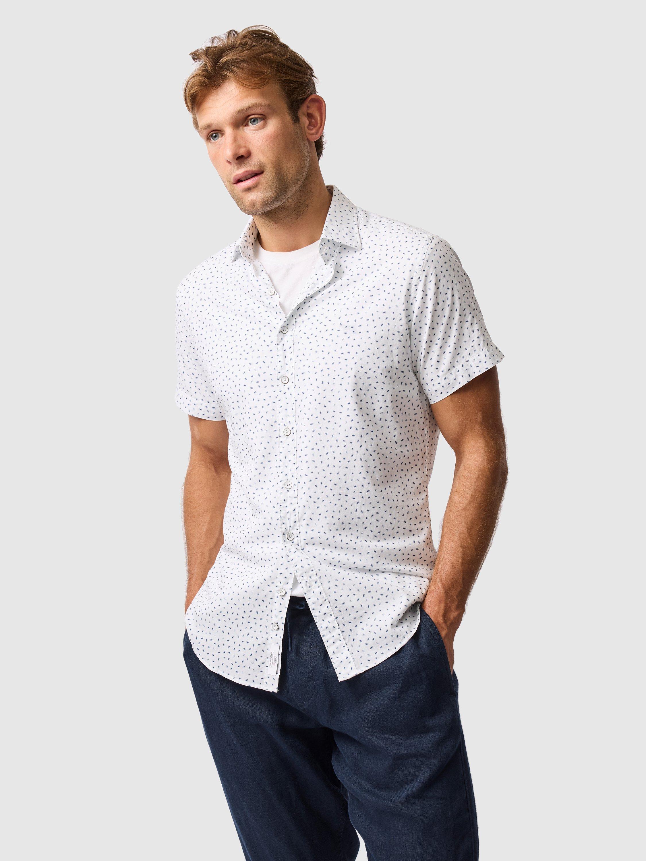 Product image 1 of 5, which shows Rodd & Gunn Raview Micro Print Cotton Slim Fit Short Sleeve Shirt, Blanc, XS