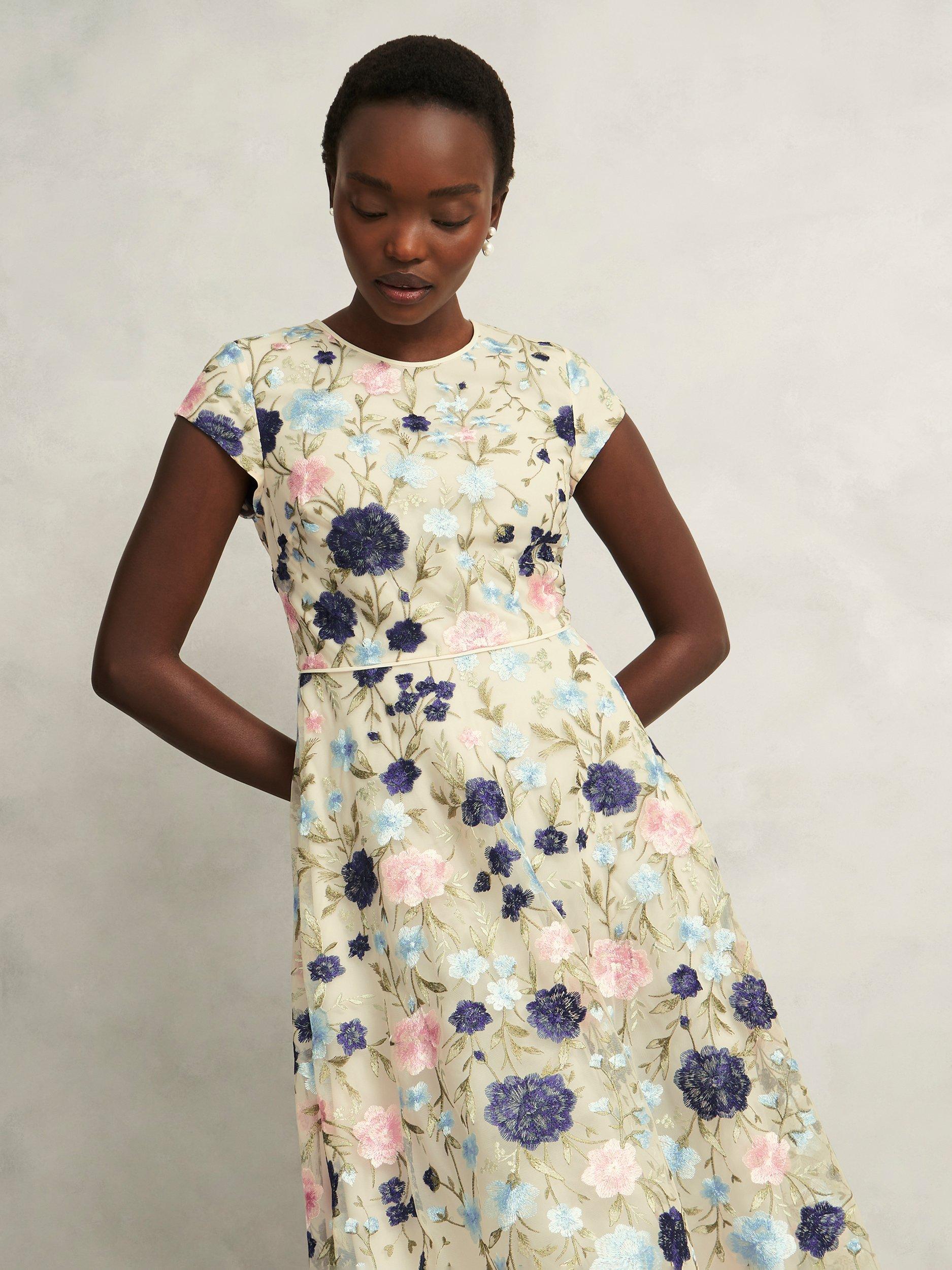 Product image 1 of 7, which shows Hobbs Petite Tia Embroidered Floral Dress, Cream/Multi, 10