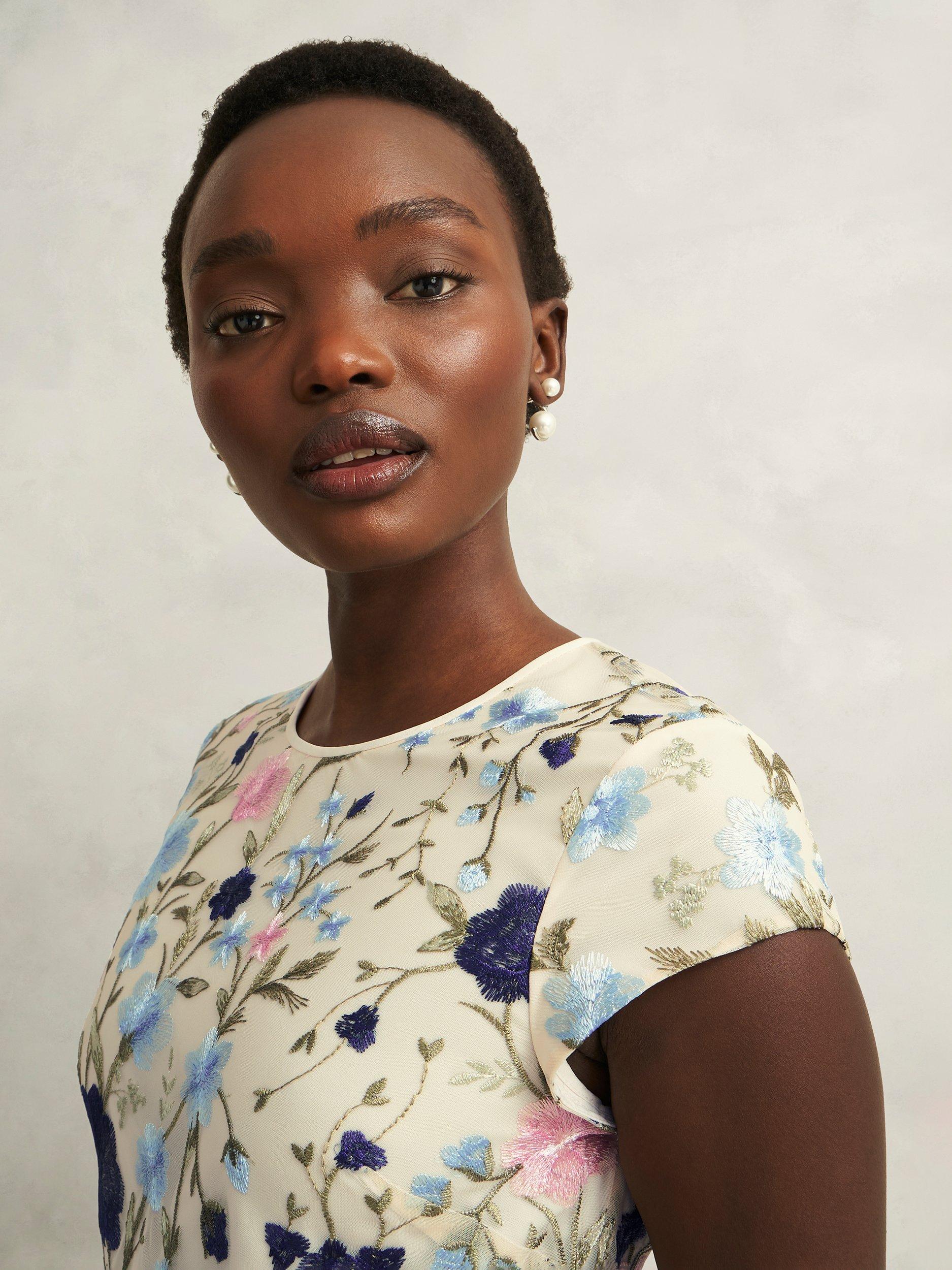 Product image 3 of 7, which shows Hobbs Petite Tia Embroidered Floral Dress, Cream/Multi, 10