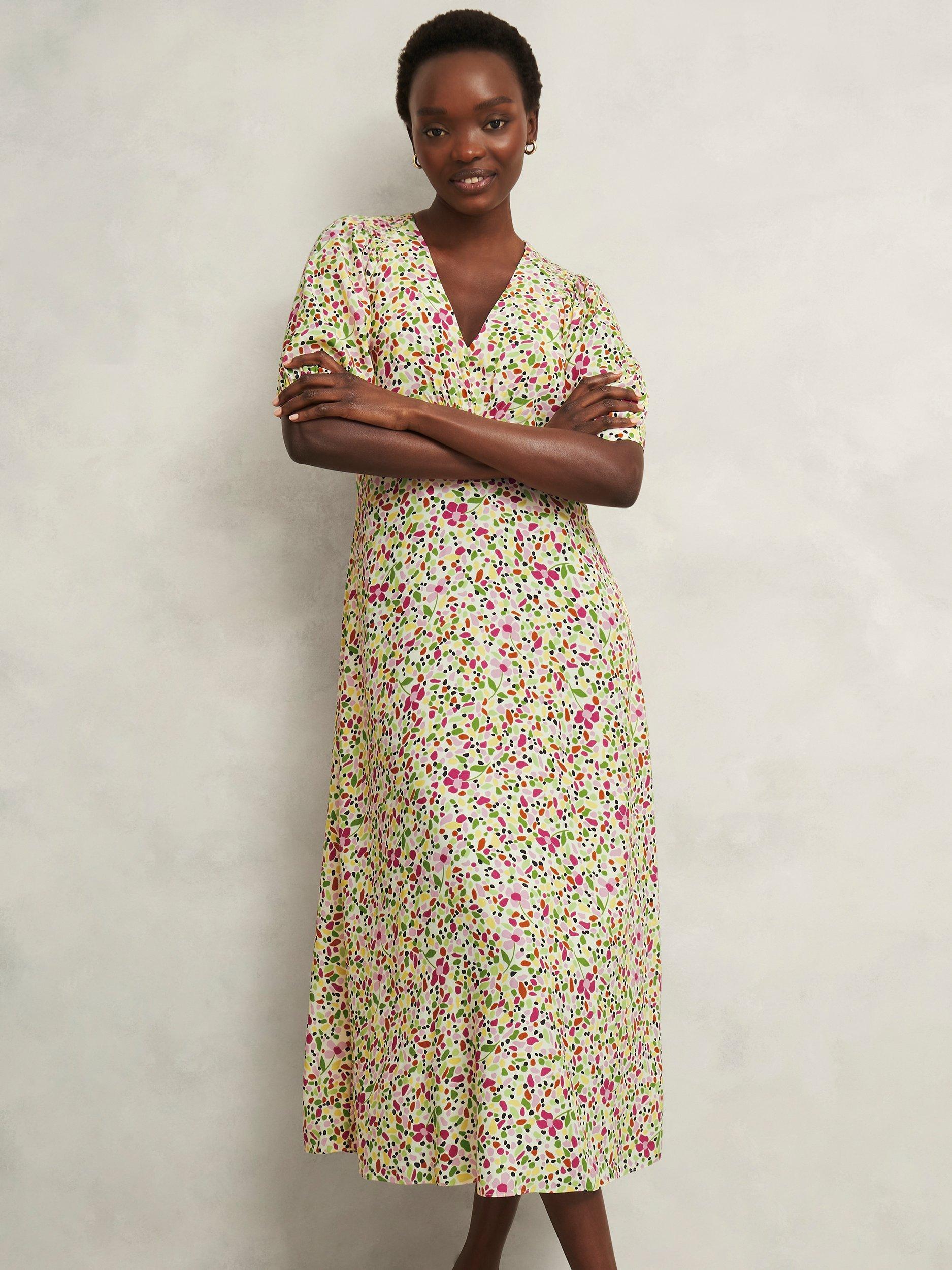 Product image 1 of 5, which shows Hobbs Santana Floral Tea Dress, Ivory/Multi, 10