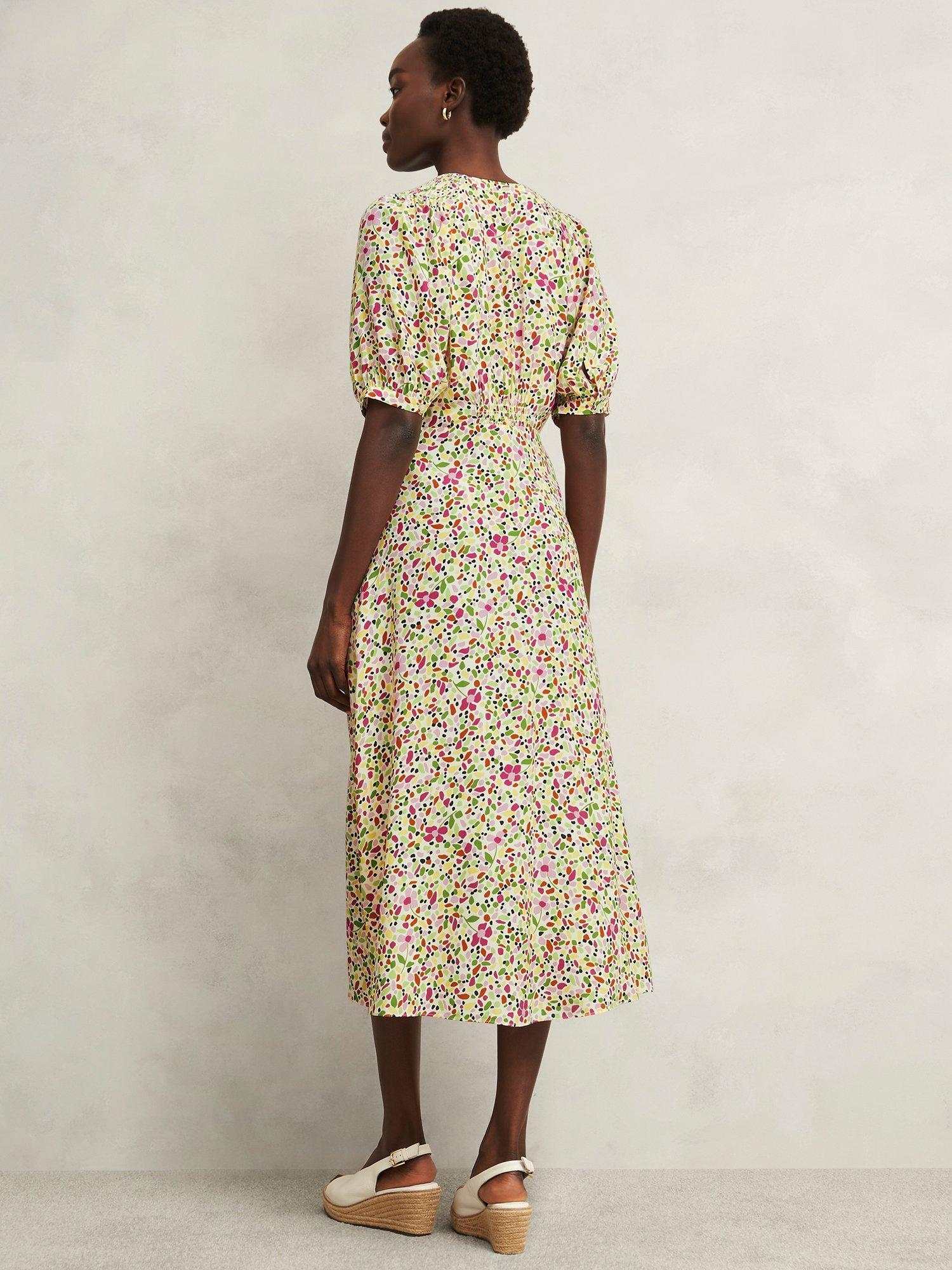 Product image 2 of 5, which shows Hobbs Santana Floral Tea Dress, Ivory/Multi, 10