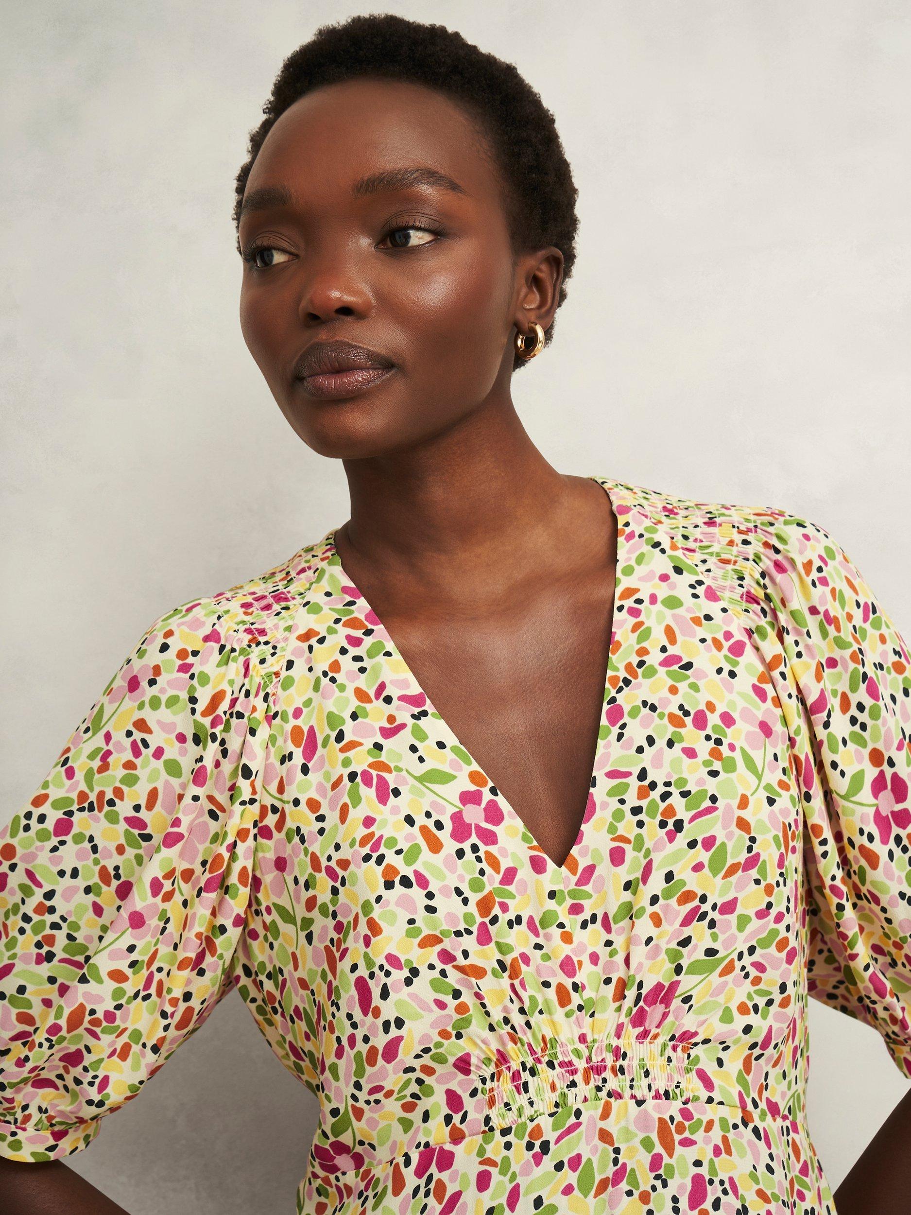 Product image 3 of 5, which shows Hobbs Santana Floral Tea Dress, Ivory/Multi, 10