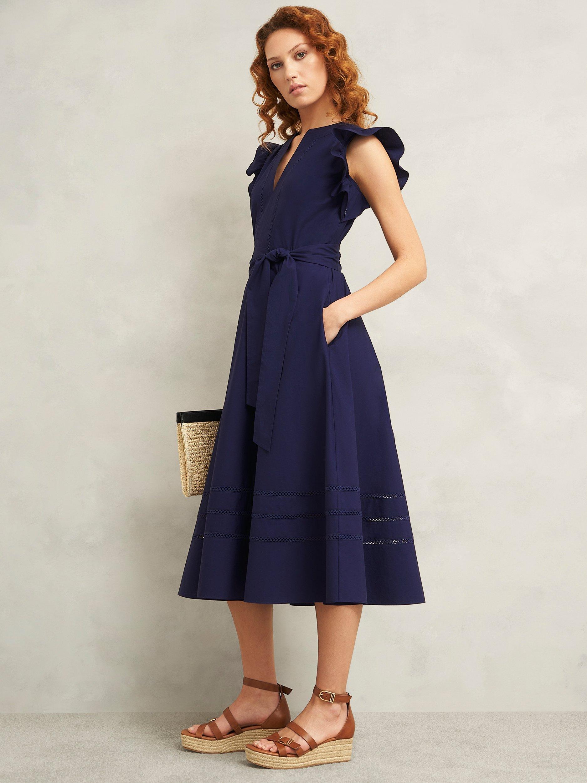 Product image 1 of 6, which shows Hobbs Vanessa Ruffle Shoulder Dress, Navy, 10