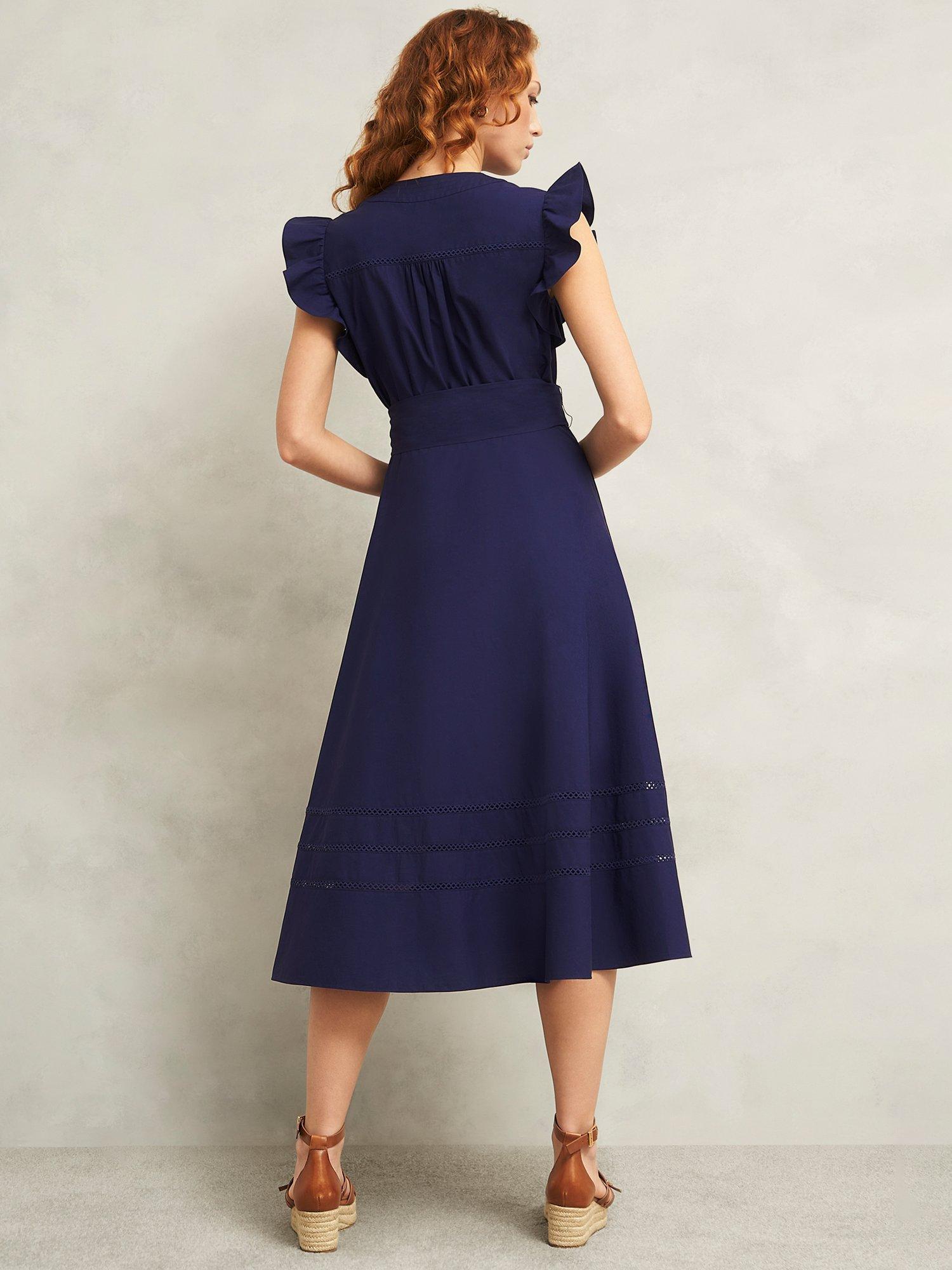 Product image 2 of 6, which shows Hobbs Vanessa Ruffle Shoulder Dress, Navy, 10