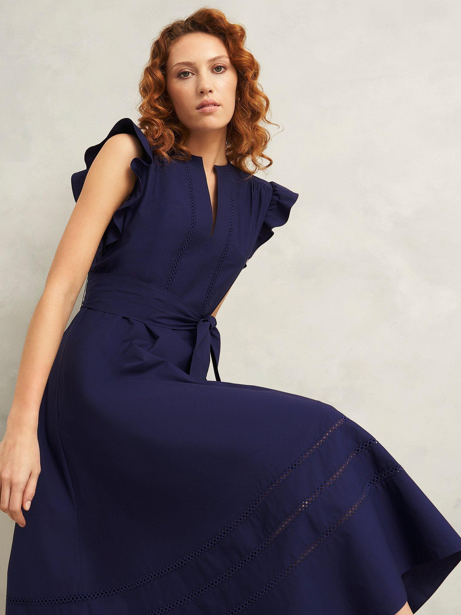 Product image 3 of 6, which shows Hobbs Vanessa Ruffle Shoulder Dress, Navy, 10