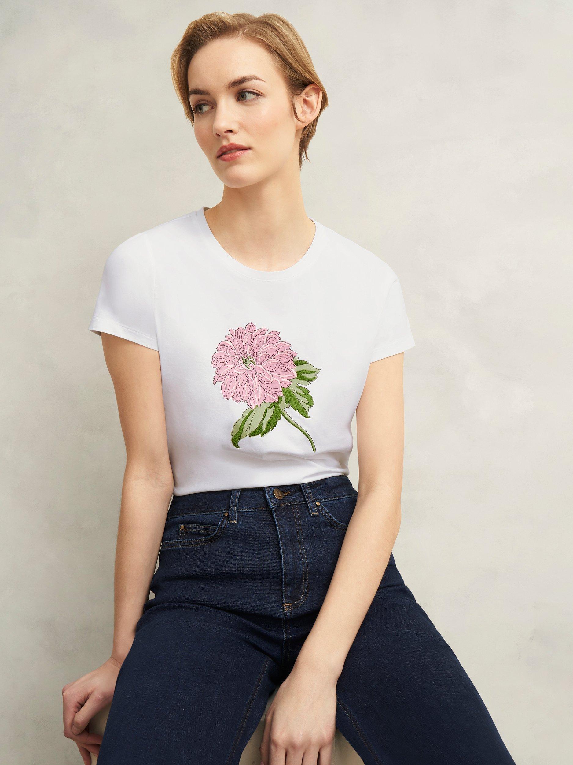 Product image 1 of 6, which shows Hobbs Pixie Embroidered Floral T-Shirt, White/Pink, S