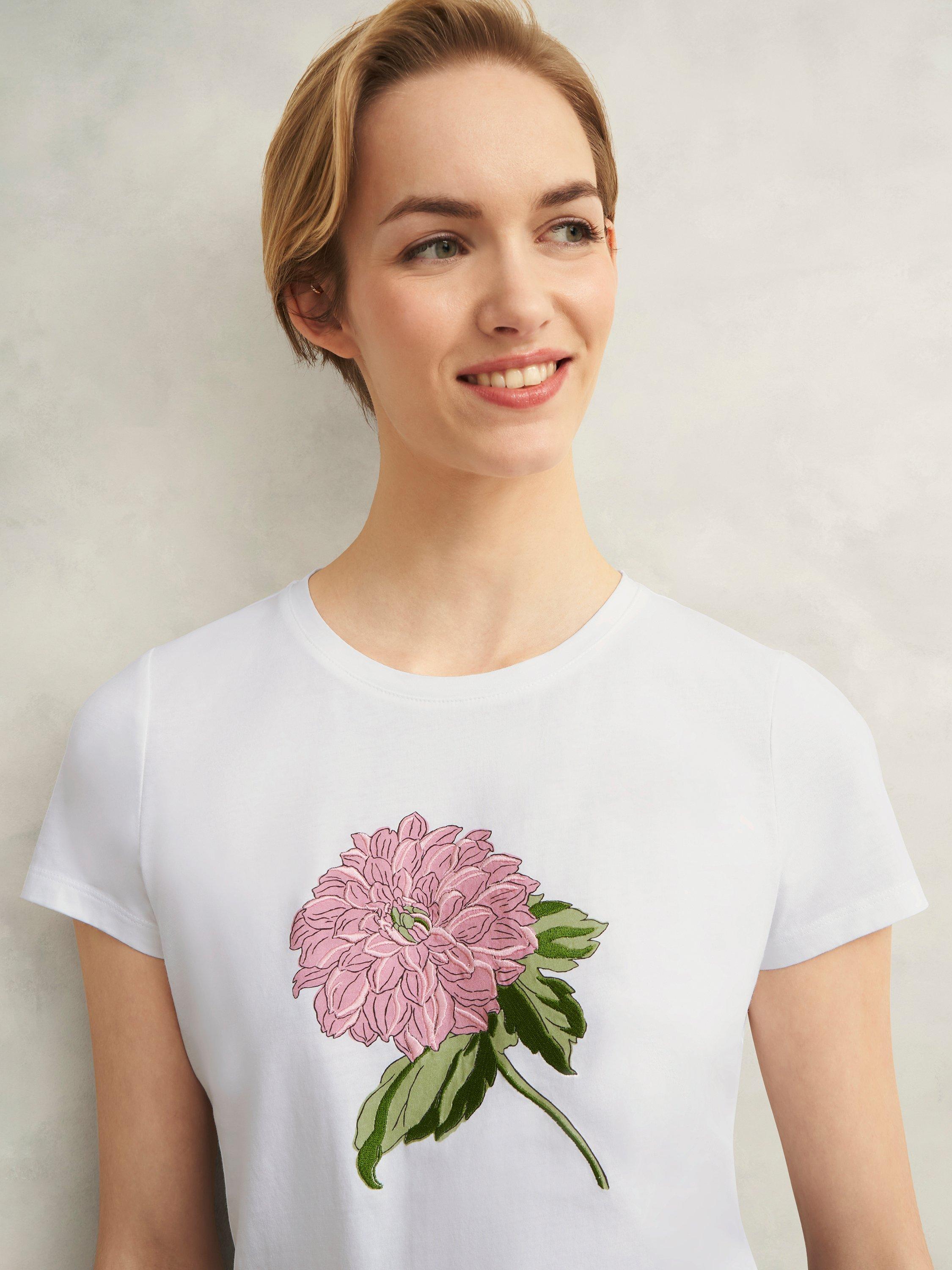 Product image 3 of 6, which shows Hobbs Pixie Embroidered Floral T-Shirt, White/Pink, S