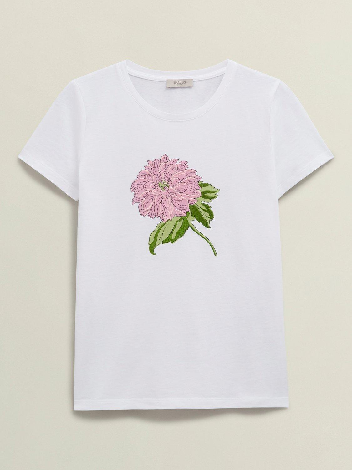 Product image 4 of 6, which shows Hobbs Pixie Embroidered Floral T-Shirt, White/Pink, S