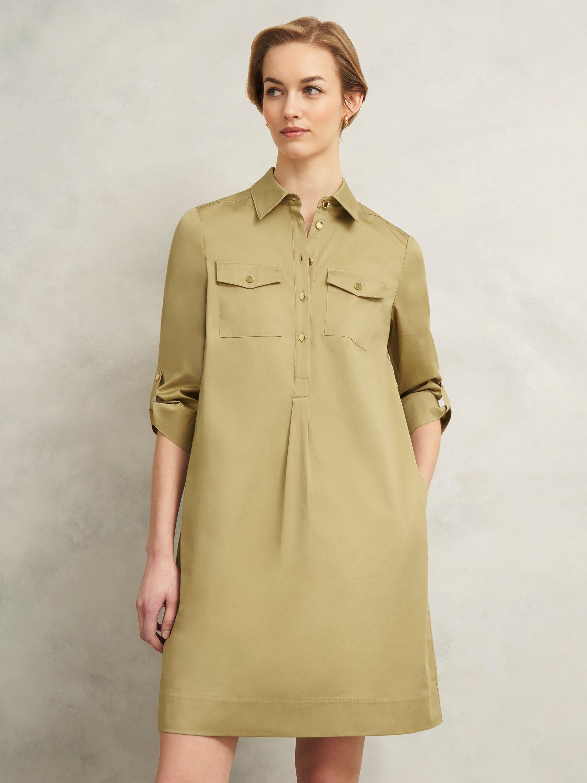 Product image 1 of 6, which shows Hobbs Miley Long Sleeve Cotton Blend Collared Shirt Dress, Light Camel, 10