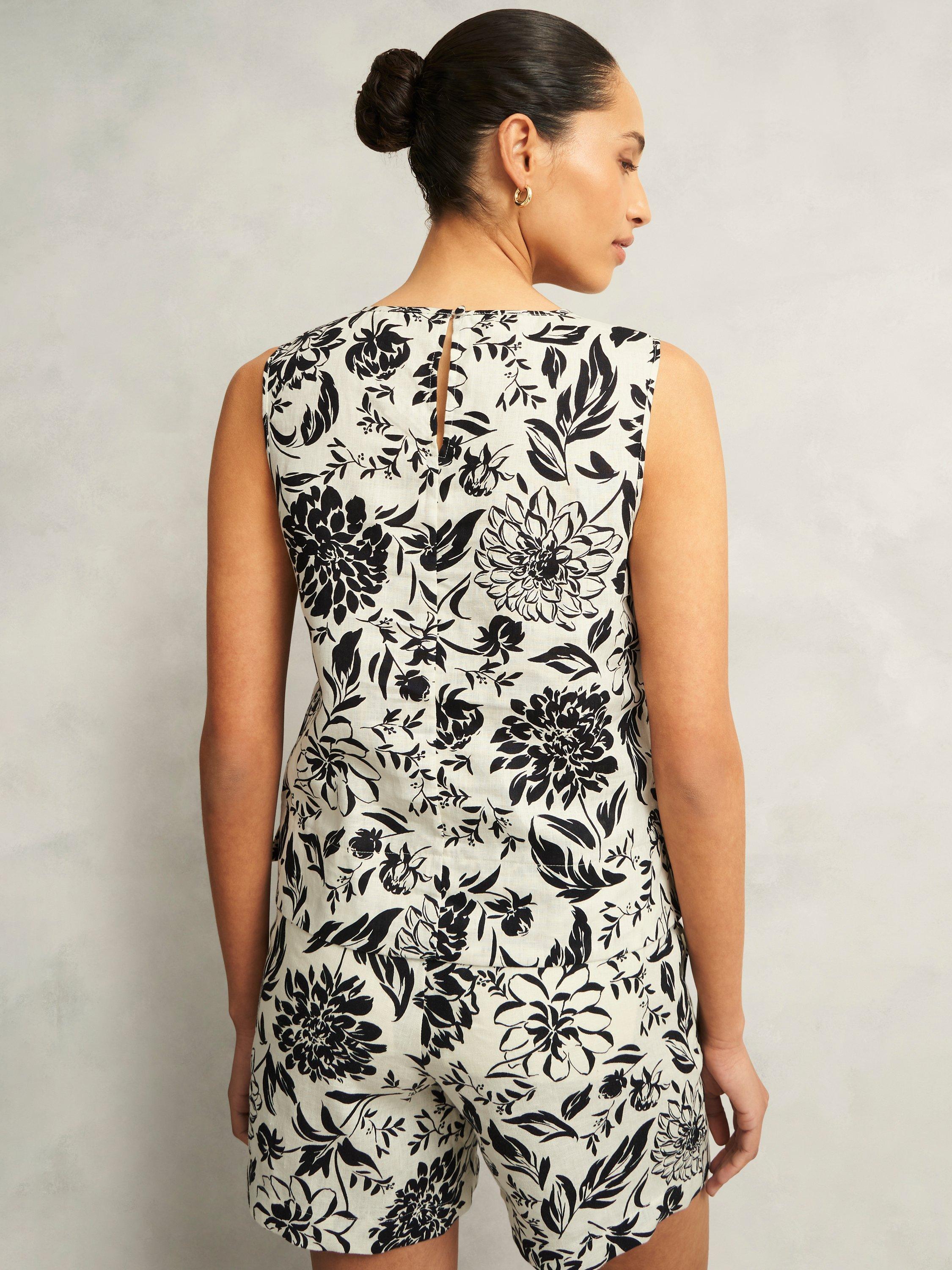 Product image 2 of 5, which shows Hobbs Maura Botanical Pure Linen Top, Cream/Navy, 10