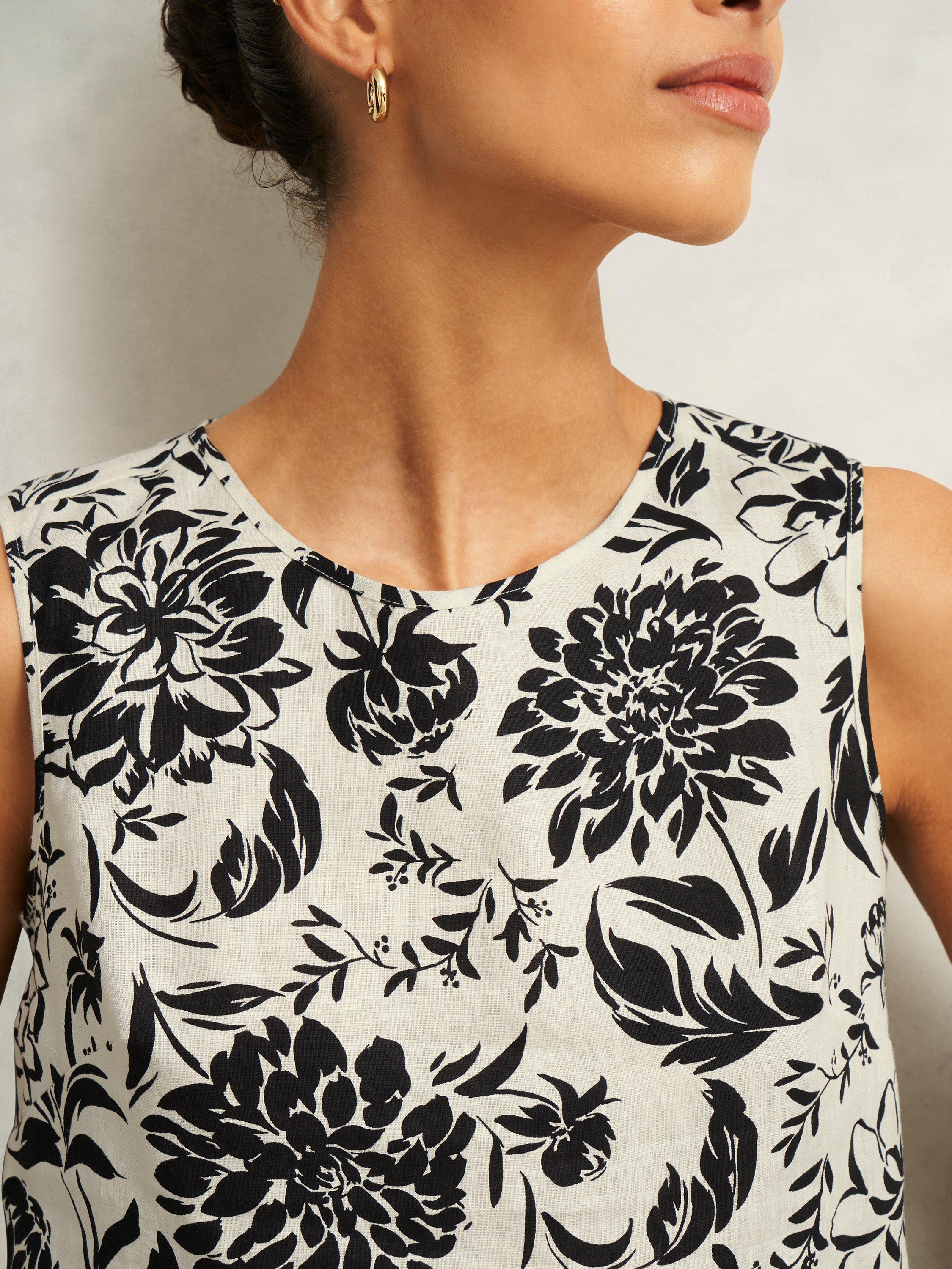 Product image 3 of 5, which shows Hobbs Maura Botanical Pure Linen Top, Cream/Navy, 10