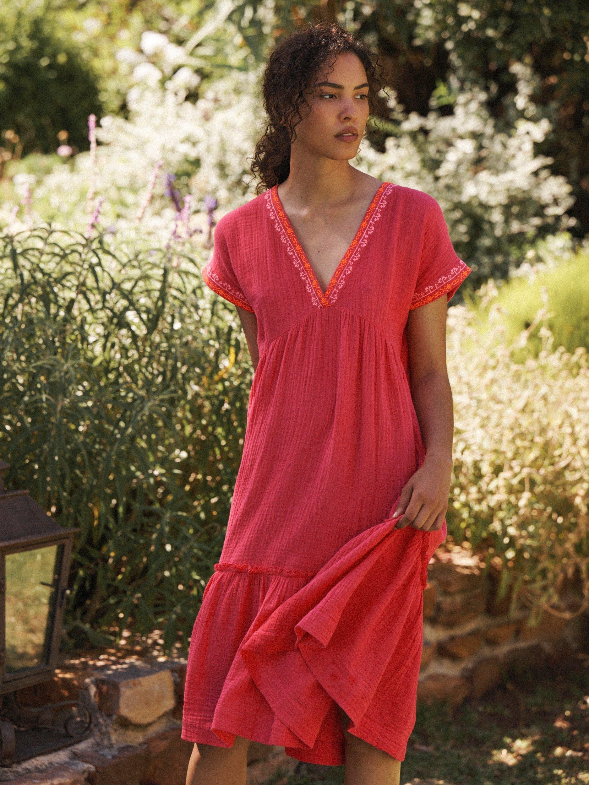 Product image 1 of 7, which shows NRBY Gia Double Cloth Embroidered Tiered Dress, Pink/Multi, XS