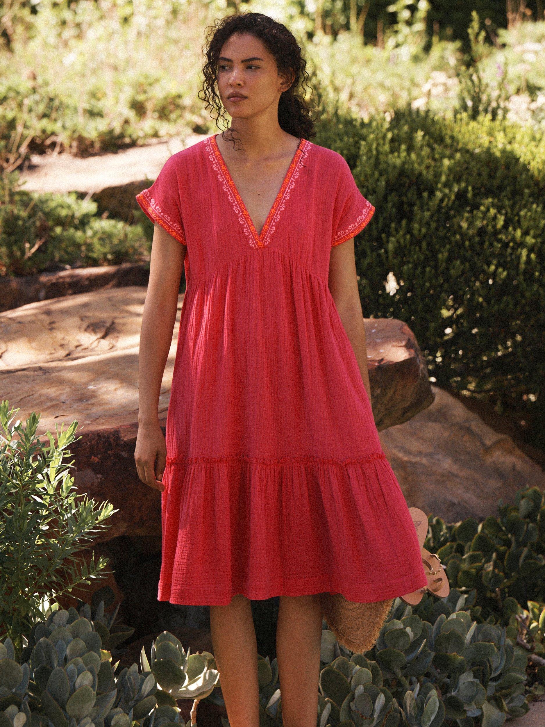 Product image 2 of 7, which shows NRBY Gia Double Cloth Embroidered Tiered Dress, Pink/Multi, XS
