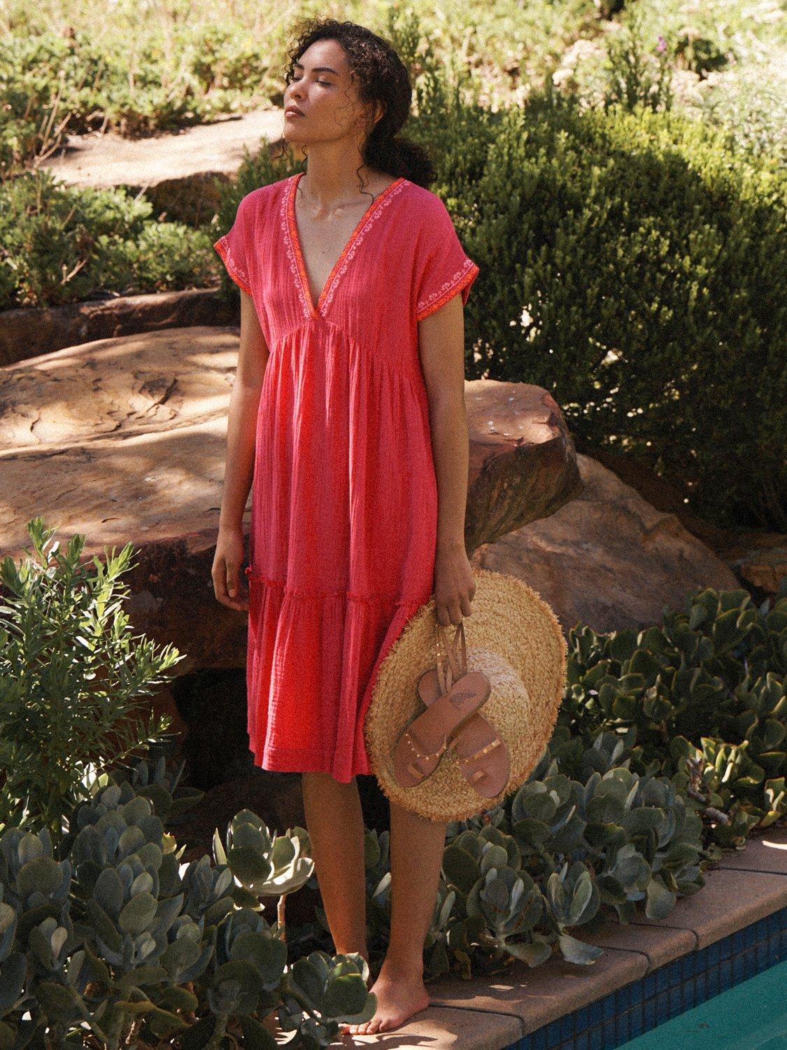 Product image 3 of 7, which shows NRBY Gia Double Cloth Embroidered Tiered Dress, Pink/Multi, XS