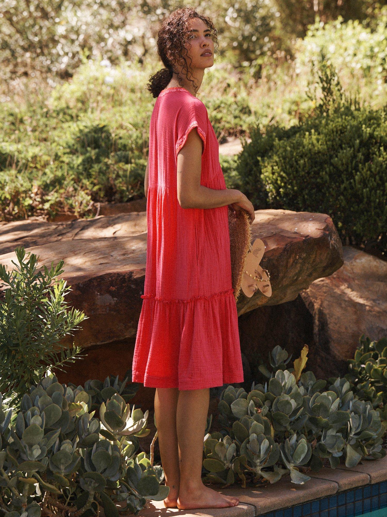 Product image 4 of 7, which shows NRBY Gia Double Cloth Embroidered Tiered Dress, Pink/Multi, XS