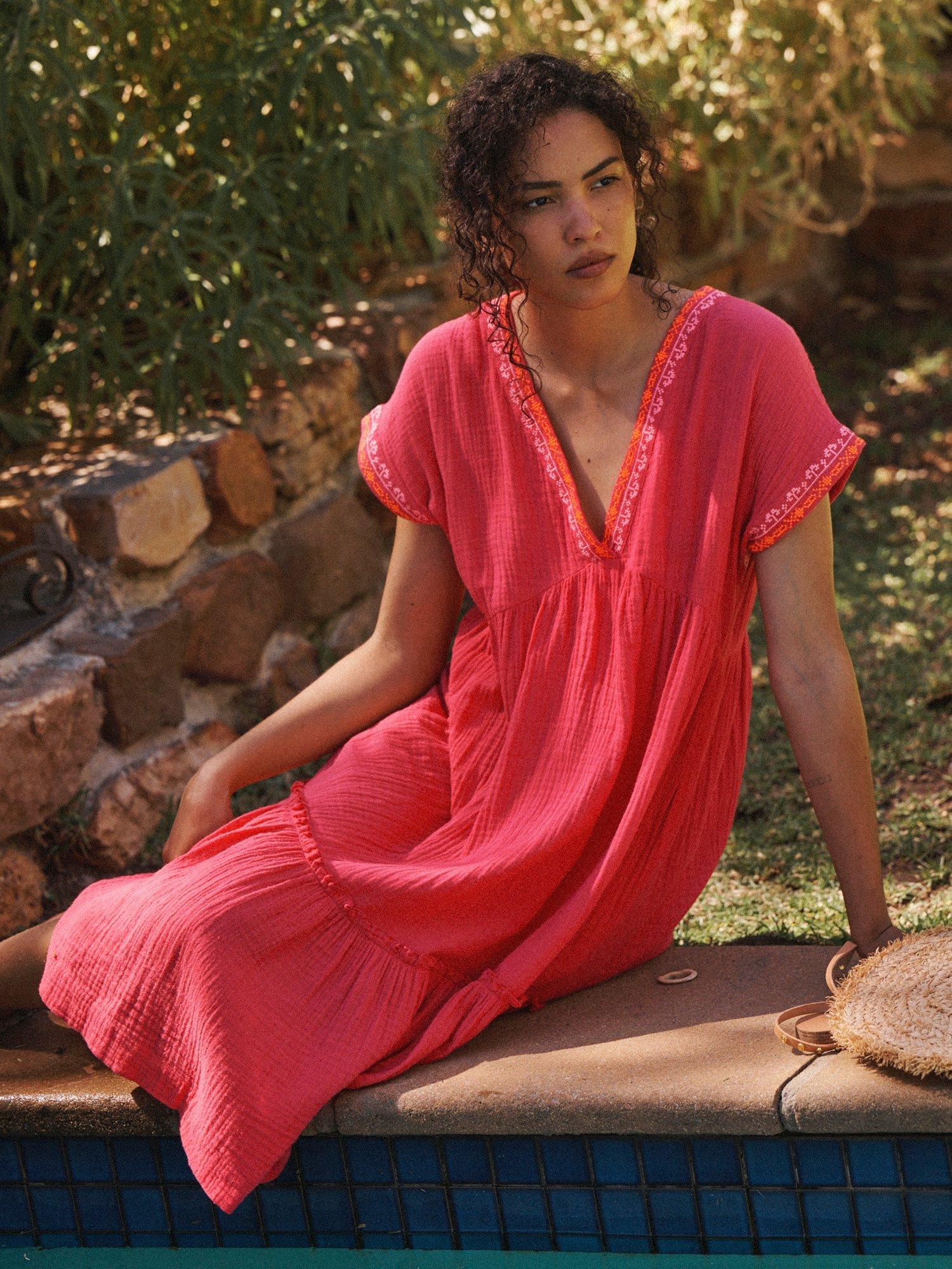 Product image 5 of 7, which shows NRBY Gia Double Cloth Embroidered Tiered Dress, Pink/Multi, XS