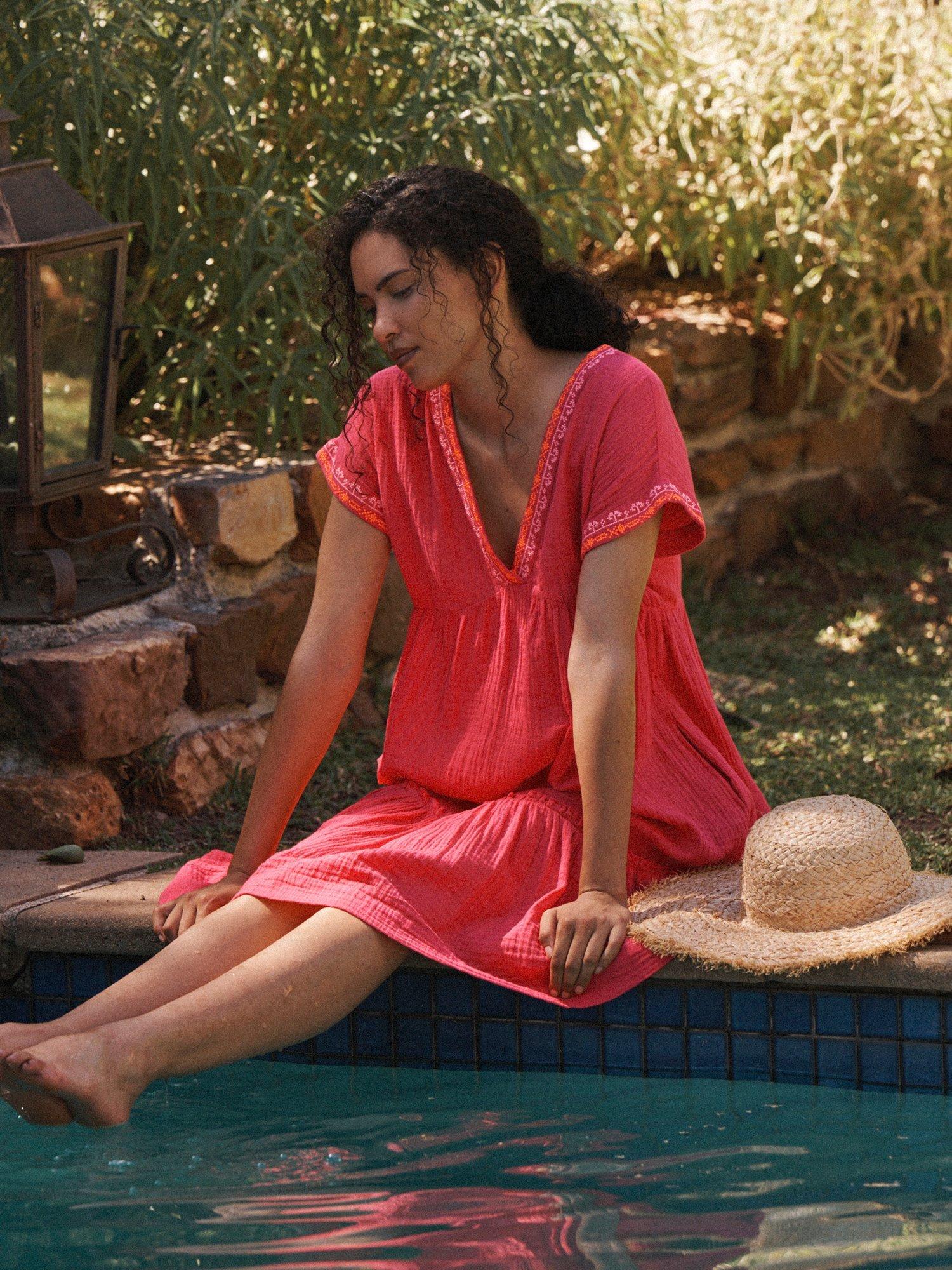 Product image 6 of 7, which shows NRBY Gia Double Cloth Embroidered Tiered Dress, Pink/Multi, XS
