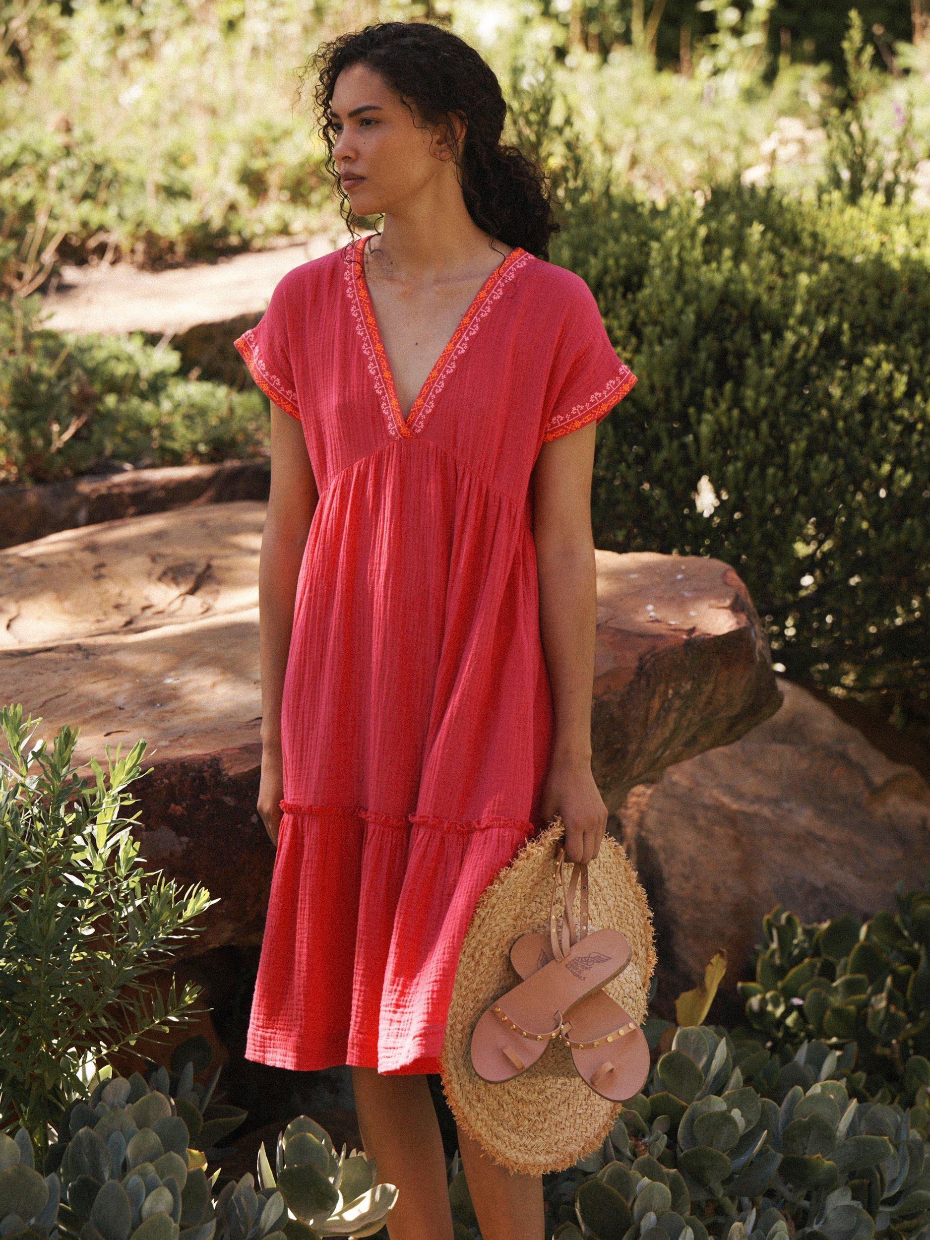 Product image 7 of 7, which shows NRBY Gia Double Cloth Embroidered Tiered Dress, Pink/Multi, XS