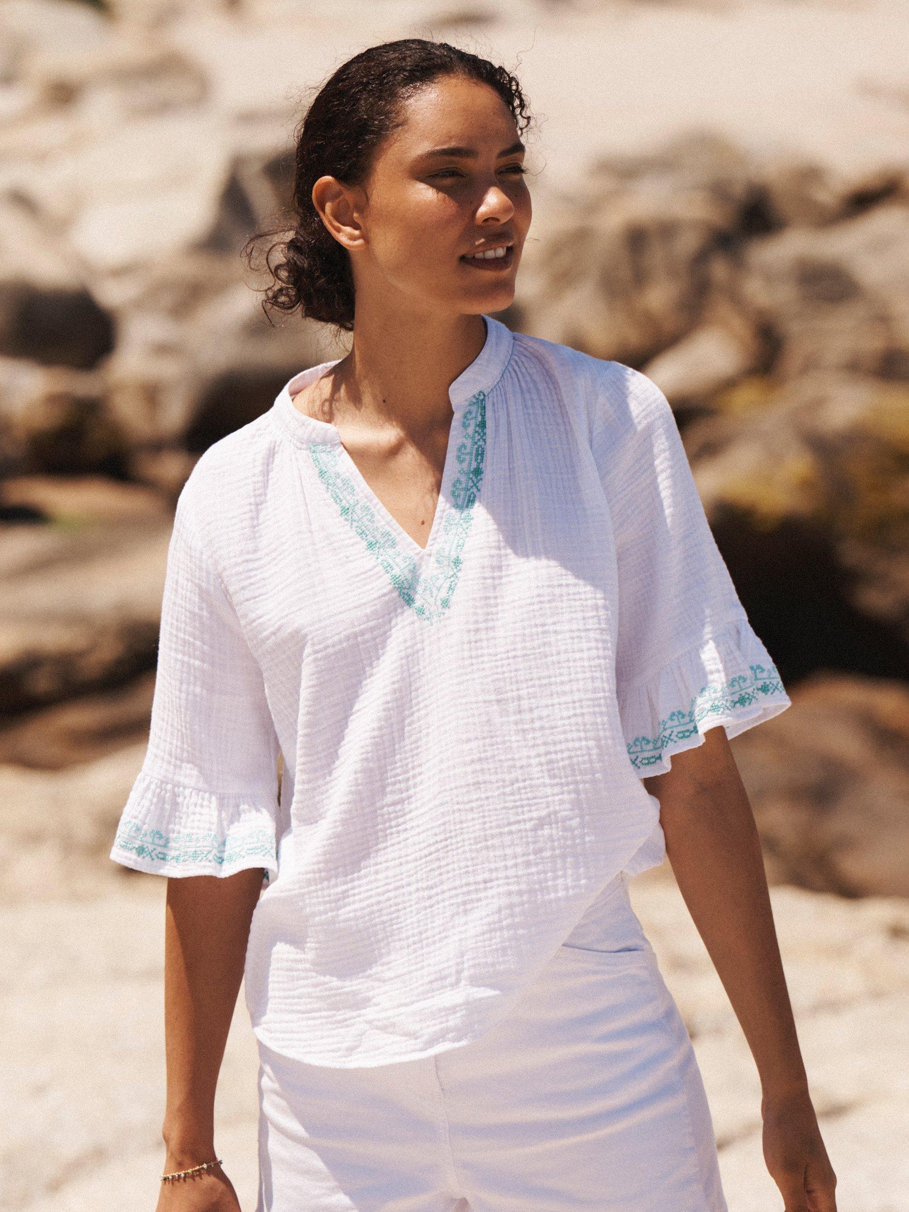 Product image 1 of 8, which shows NRBY Kayla Double Cloth Embroidered Top, White/Multi, XS