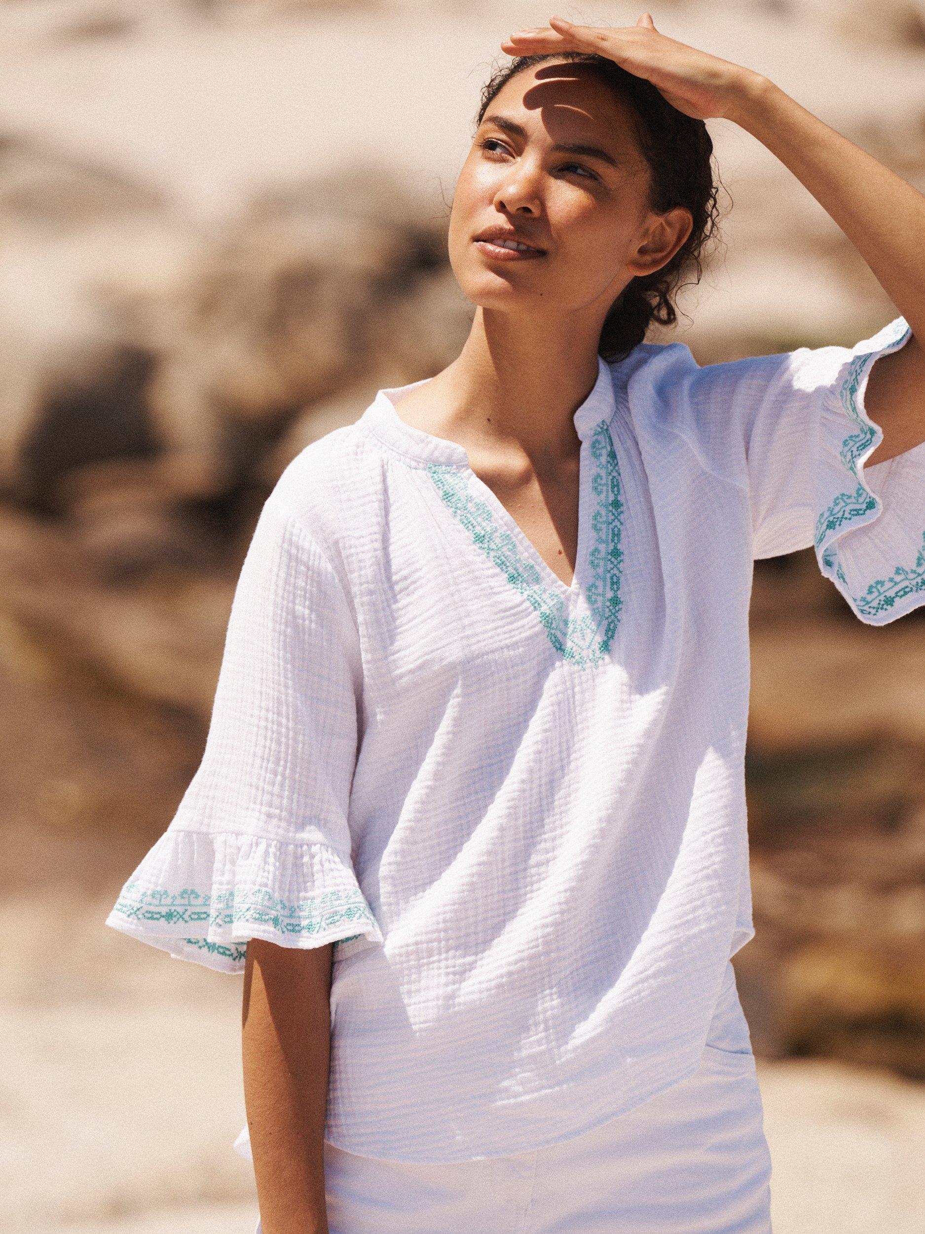 Product image 4 of 8, which shows NRBY Kayla Double Cloth Embroidered Top, White/Multi, XS