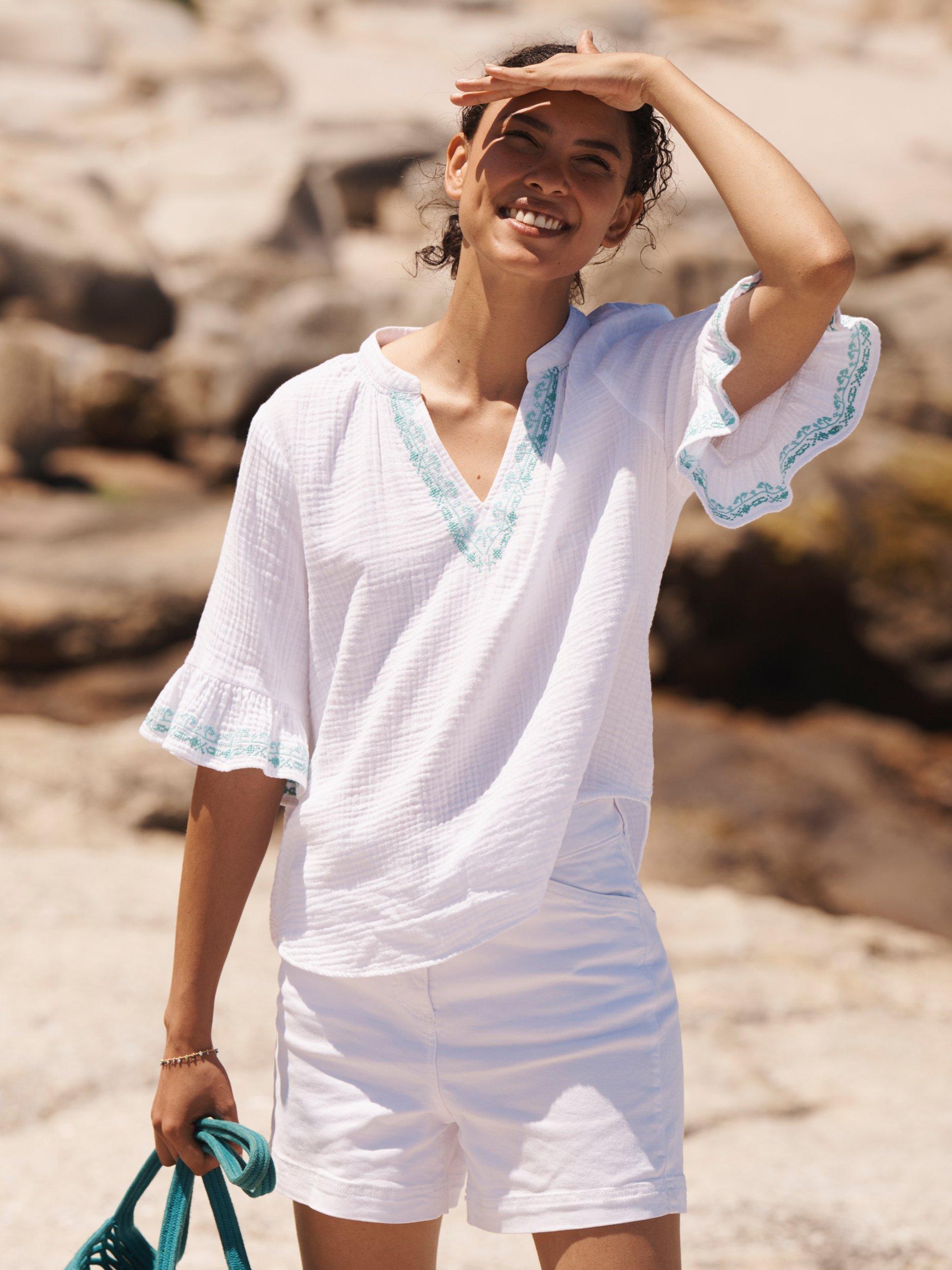 Product image 6 of 8, which shows NRBY Kayla Double Cloth Embroidered Top, White/Multi, XS