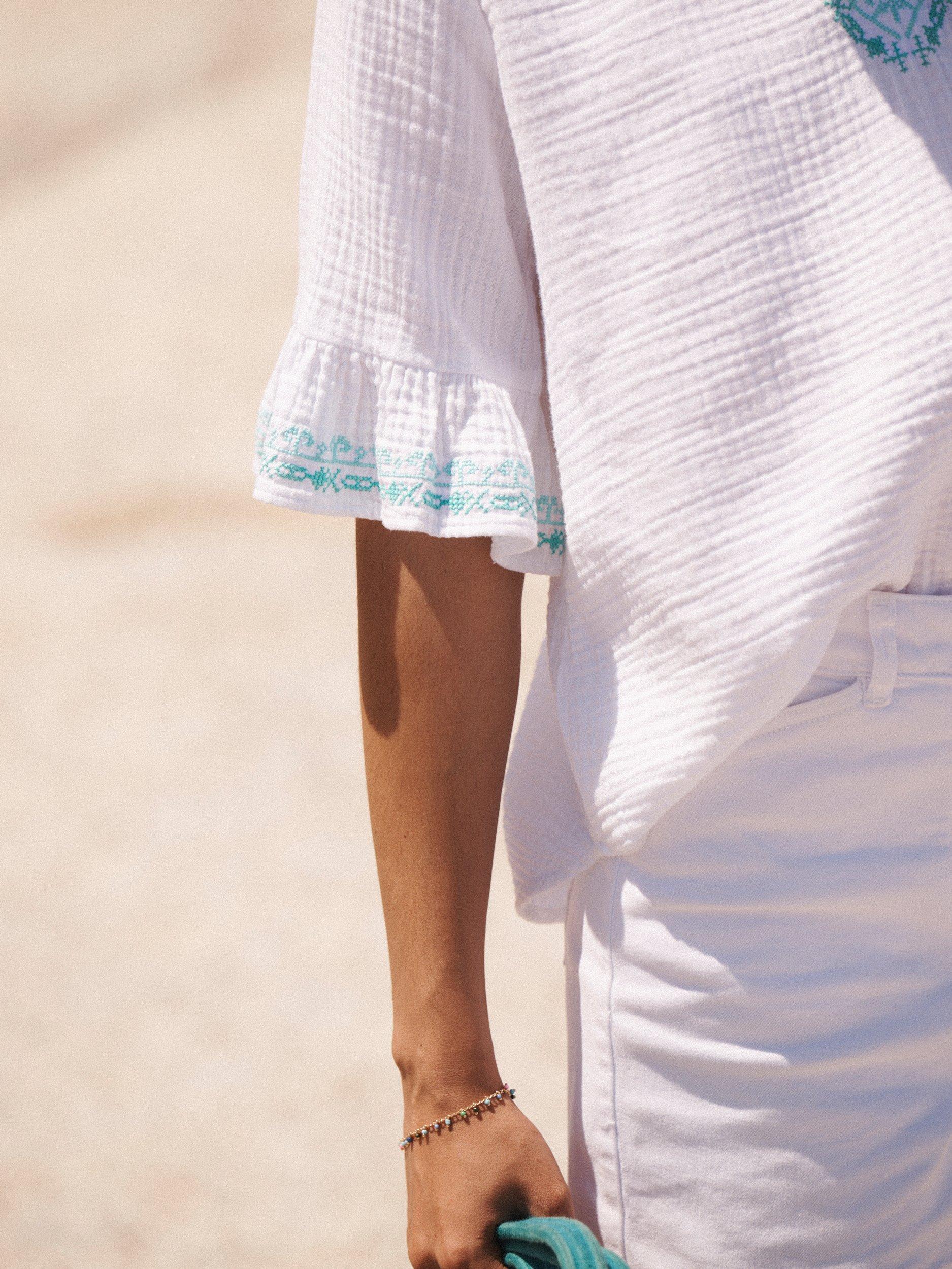 Product image 7 of 8, which shows NRBY Kayla Double Cloth Embroidered Top, White/Multi, XS