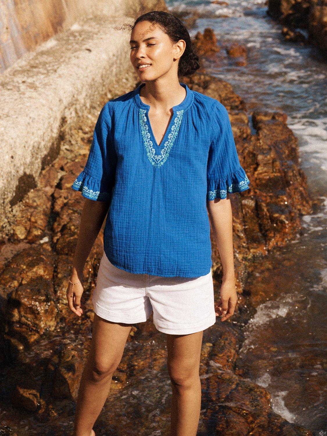 Product image 1 of 6, which shows NRBY Kayla Double Cloth Embroidered Top, Blue/Multi, XS