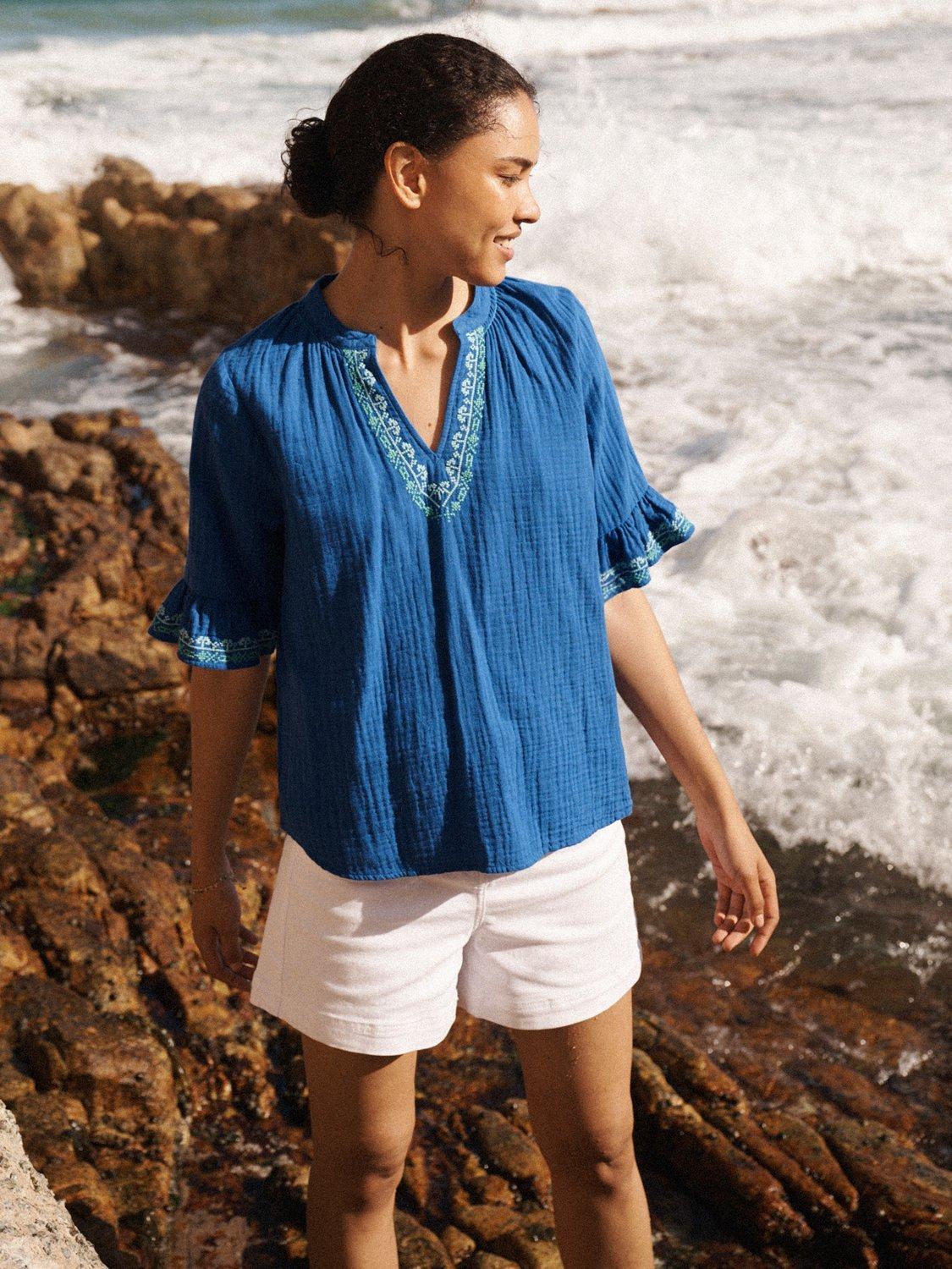 Product image 2 of 6, which shows NRBY Kayla Double Cloth Embroidered Top, Blue/Multi, XS