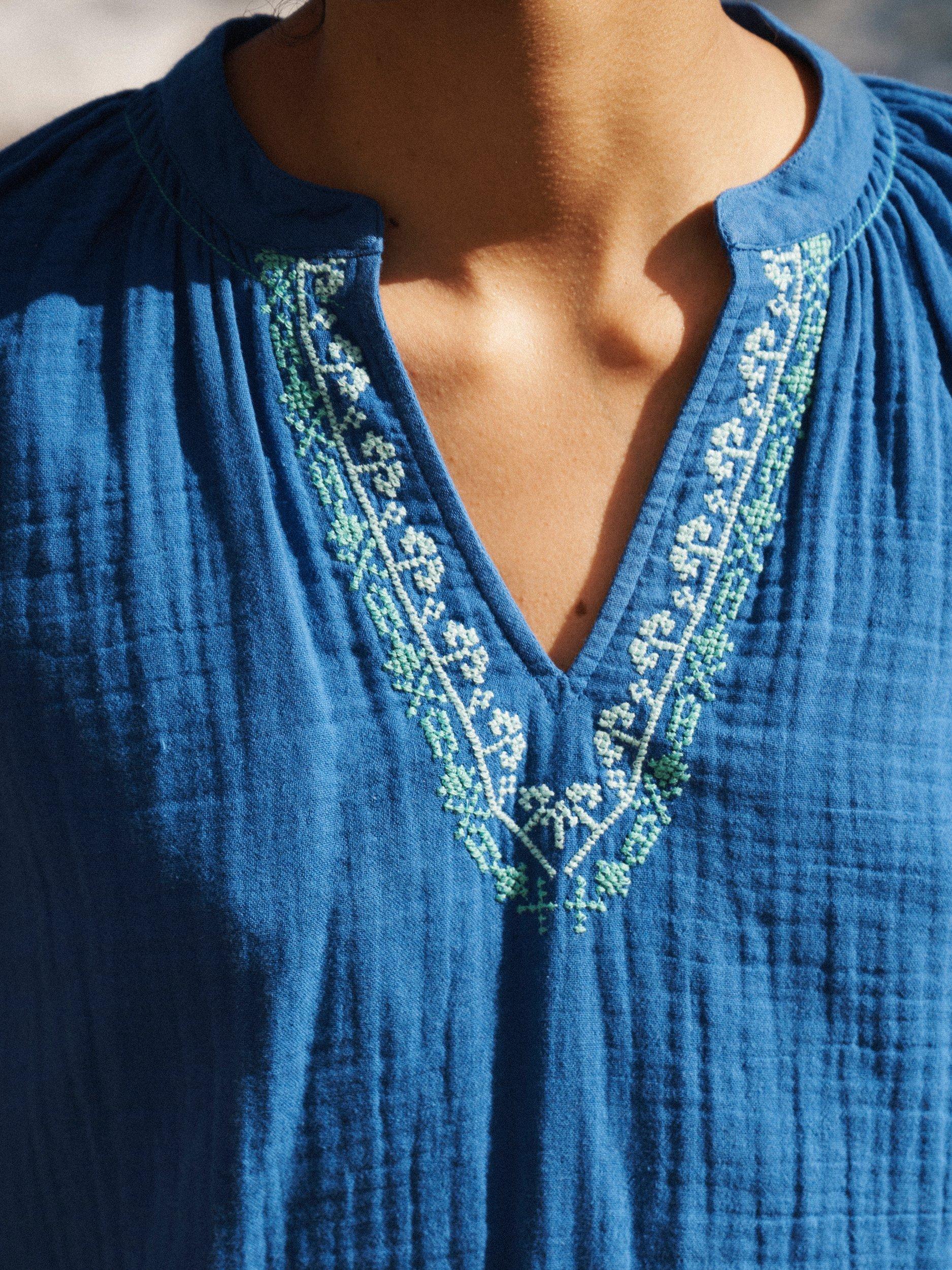 Product image 3 of 6, which shows NRBY Kayla Double Cloth Embroidered Top, Blue/Multi, XS