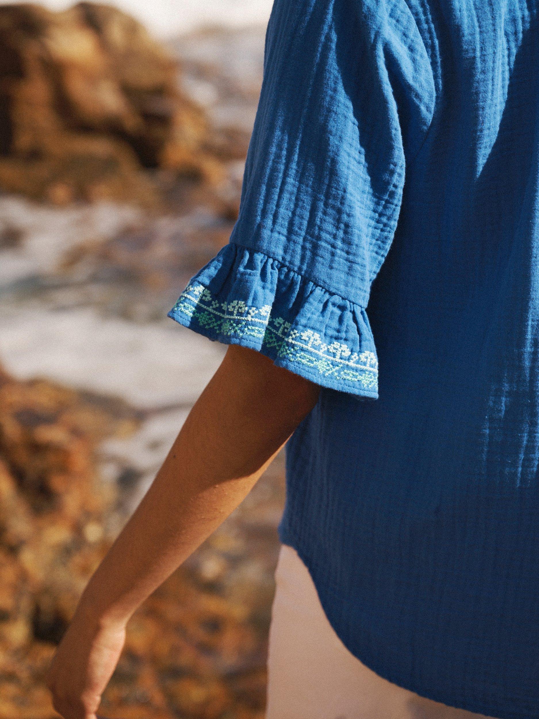 Product image 4 of 6, which shows NRBY Kayla Double Cloth Embroidered Top, Blue/Multi, XS